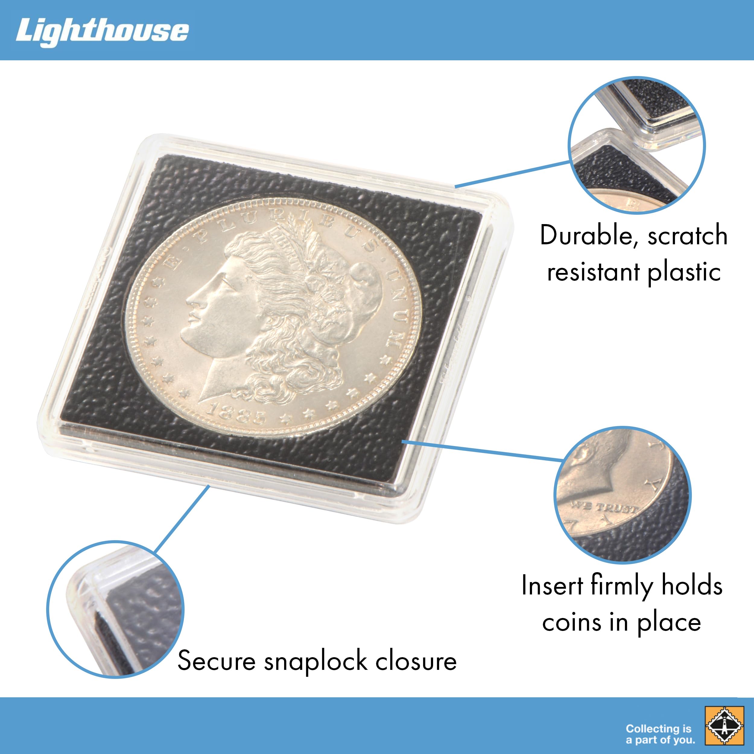 Lighthouse - QUADRUM Square Coin Capsules with INTERCEPT Technology Corrosion Protection for 37 mm Coins - Pack of 6