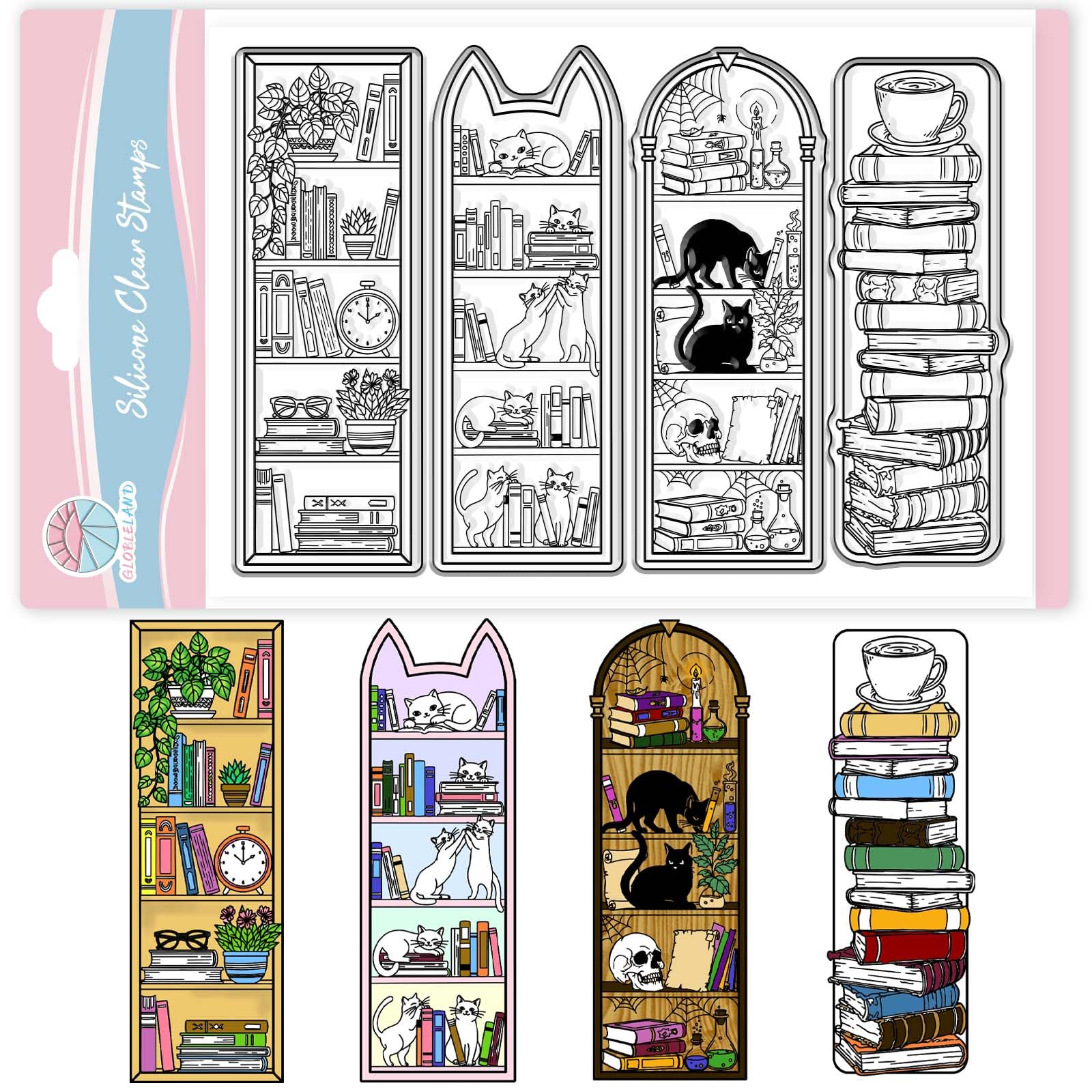 GLOBLELAND Bookshelf Bookmark Clear Stamps for Card Making Magic Bookshelf Lable Silicone Clear Stamps Cats Transparent Stamp Seal for DIY Scrapbooking