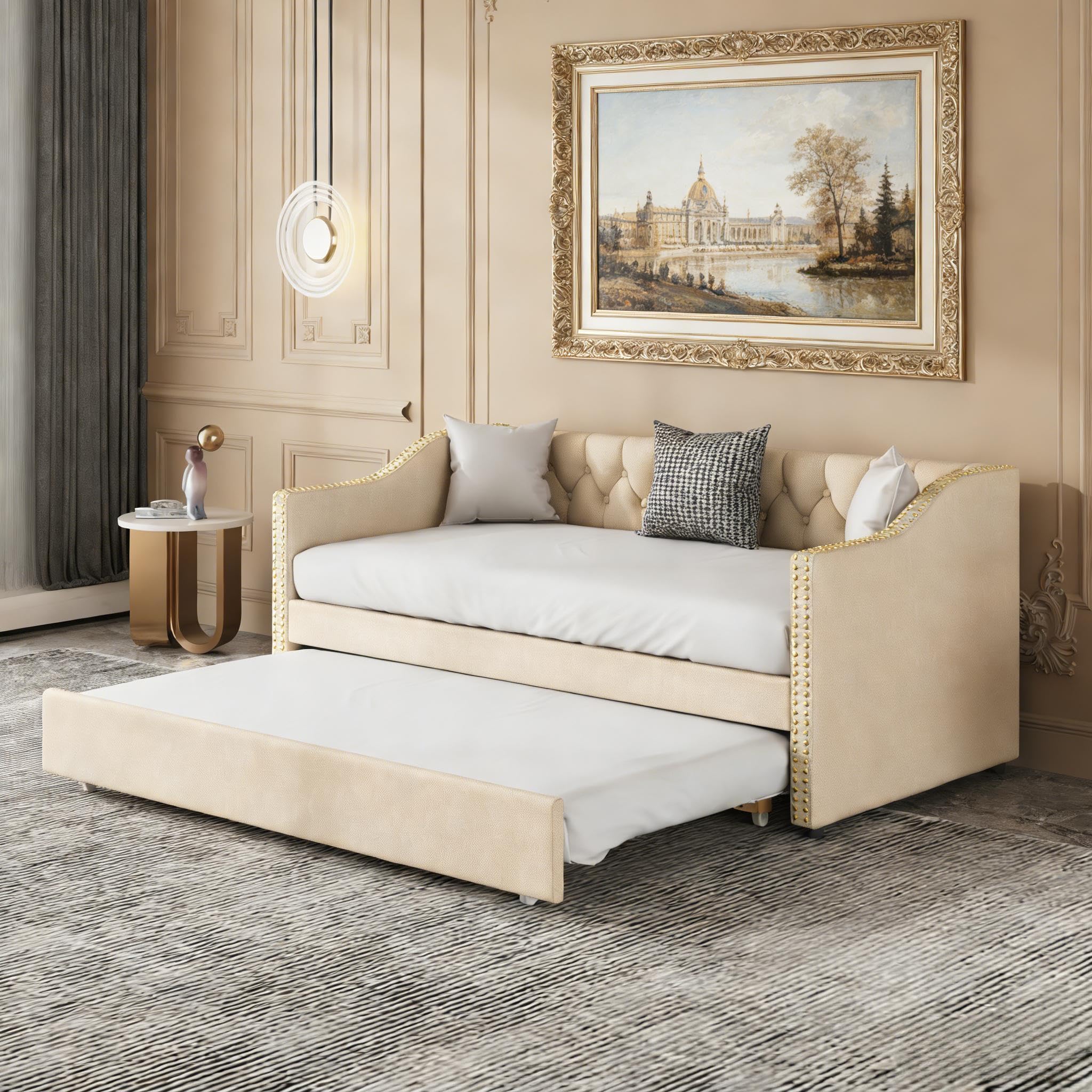 PerGar Sofá cama tapizada y extensible 90/180 x 200 cm, cama juvenil con somieres, multifunción para invitados, estructura de lino beige