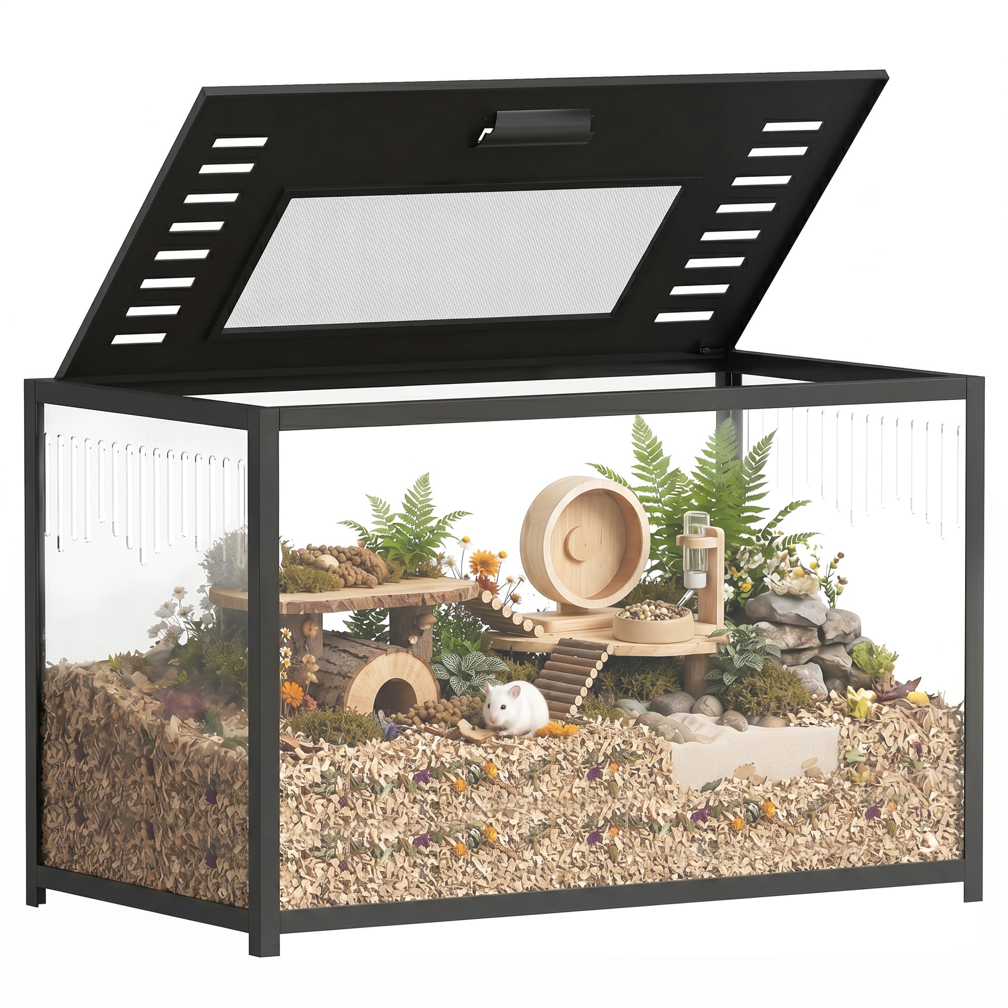 PawHut Gabbia a criceto in metallo con base profonda – Habitat per roditori trasparente di vista panoramica a 360°, coperchio apribile, ventilazione laterale – gabbia per criceto siriano nano, 80 x 45