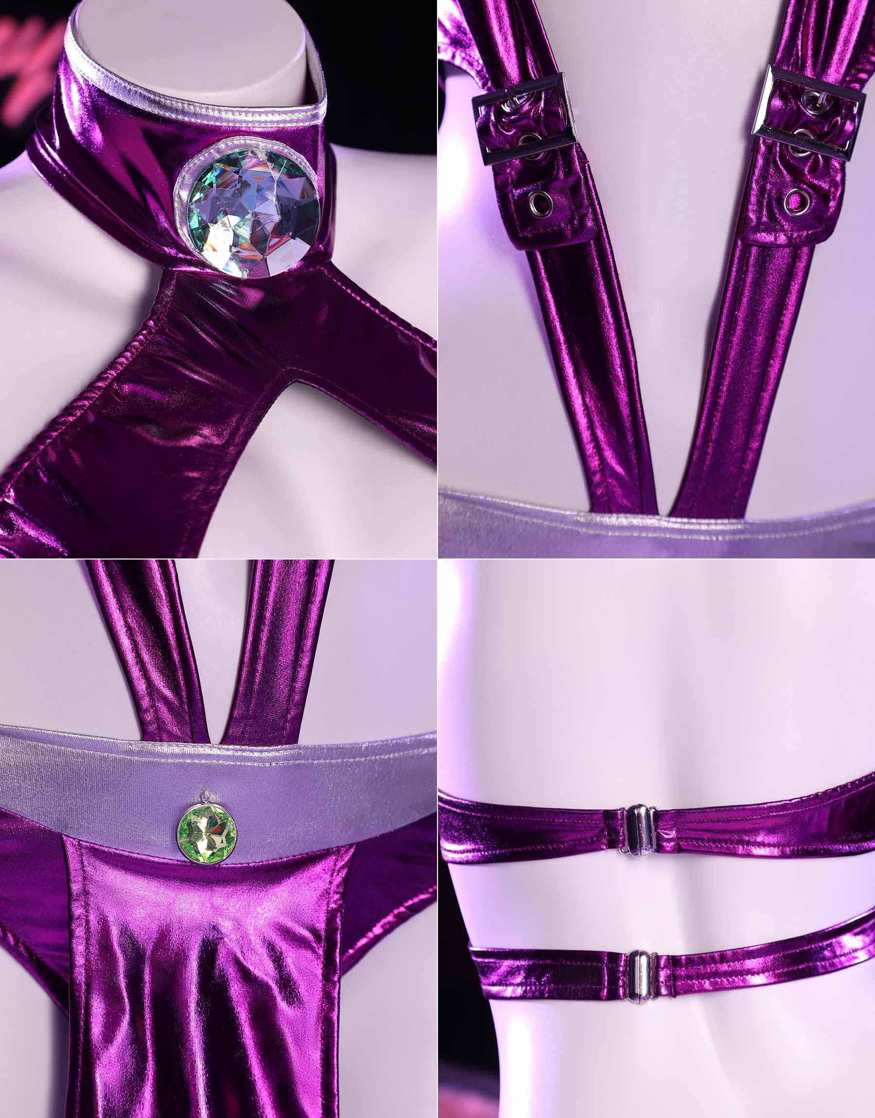 Mobbunny Movie Cosplay Costume for Women Purple Bodycon Outfit Halter Cutout Bodysuit with Gloves Stockings: Medium Purple