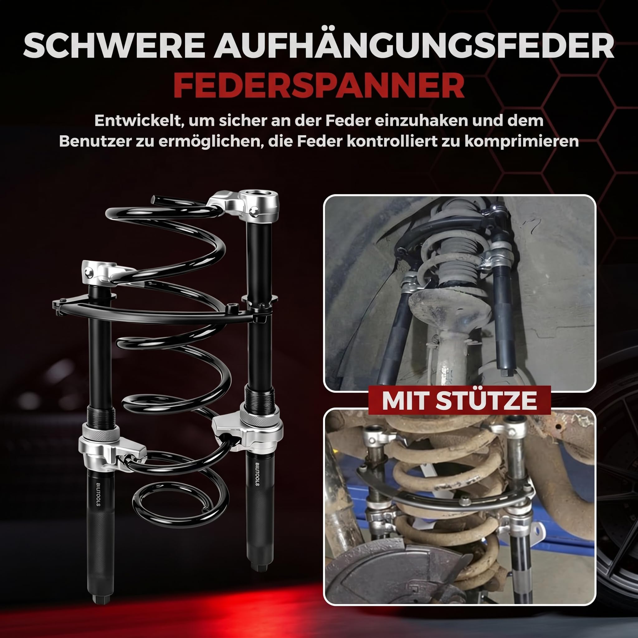 BILITOOLS 2-TLG. Profi Federspanner KFZ Set Macpherson 1200kg | Schwerlast KFZ Werkzeug, für Federbein, universal Schraubenfeder Spanner, inklusive Sicherheitsbügel