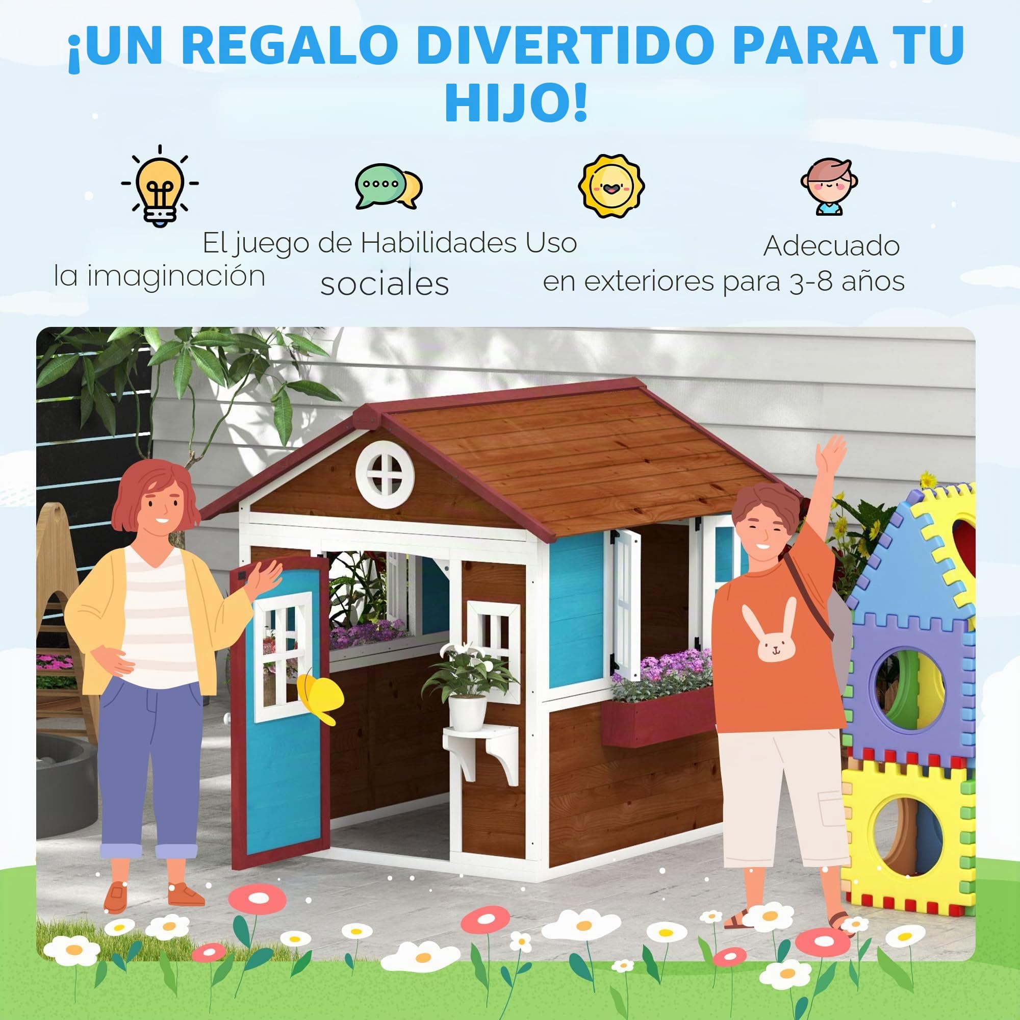 Outsunny Cabaña Infantil de Exterior, casita Infantil de Exterior, con Puerta, Ventanas y jardineras, cabaña de jardín para niños de 3 a 8 años, 114 x 126,4 x 135 cm, marrón