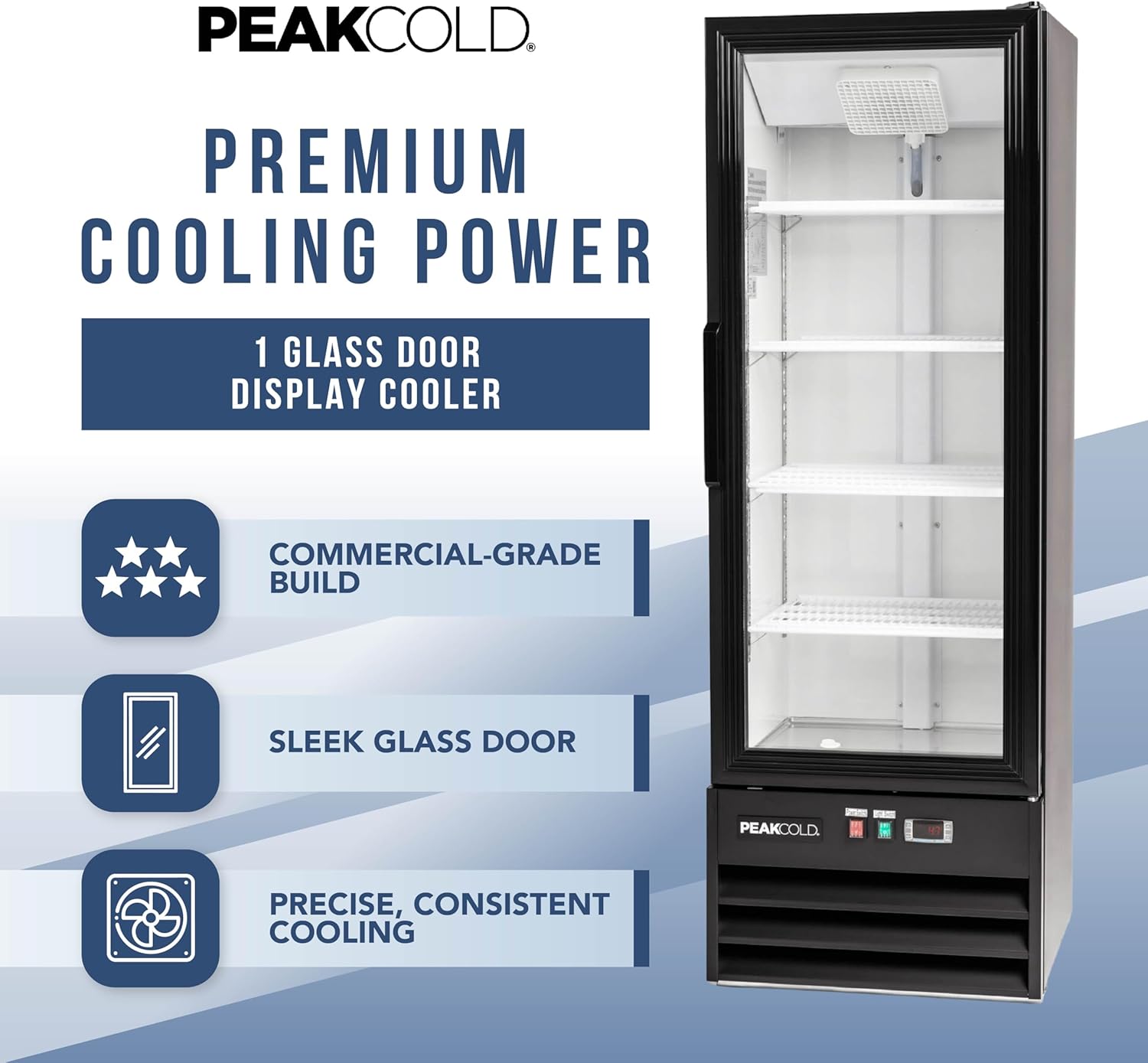 PEAKCOLD 1-Door Display Refrigerator - 9.1 Cubic Ft, Energy Efficient, Black Merchandiser Refrigerator With Glass Door, White Interior & LED Lighting - Small Commercial Display Cooler