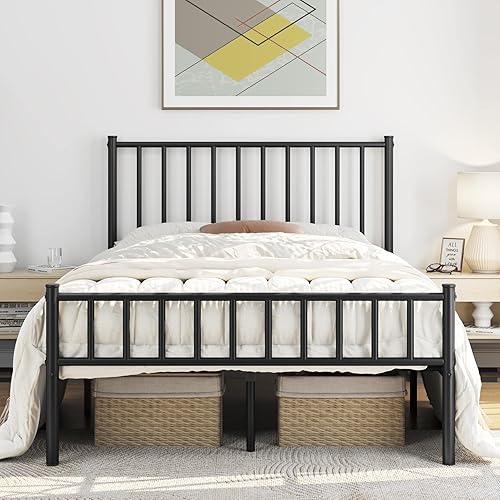 Miniatura 26 de Topeakmart Base de cama matrimonial de metal blanco con cabecero y estribo, base de cama de plataforma matrimonial, resistente, no necesita somier,