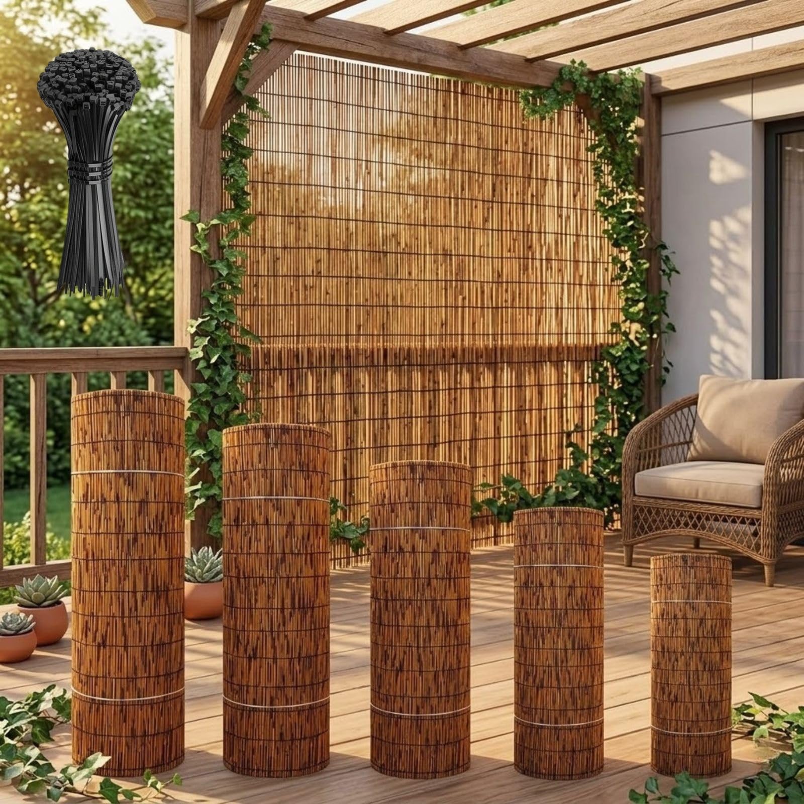 Arella in Canne Ombreggiante per Recinzione Giardino Esterno 100/120/130/150/180 cm Canniccio in Bambù Privacy con Fascette Stuoia in Cannette Spesse per Balcone Terrazza Piscina(Marrone,H160xL400cm)
