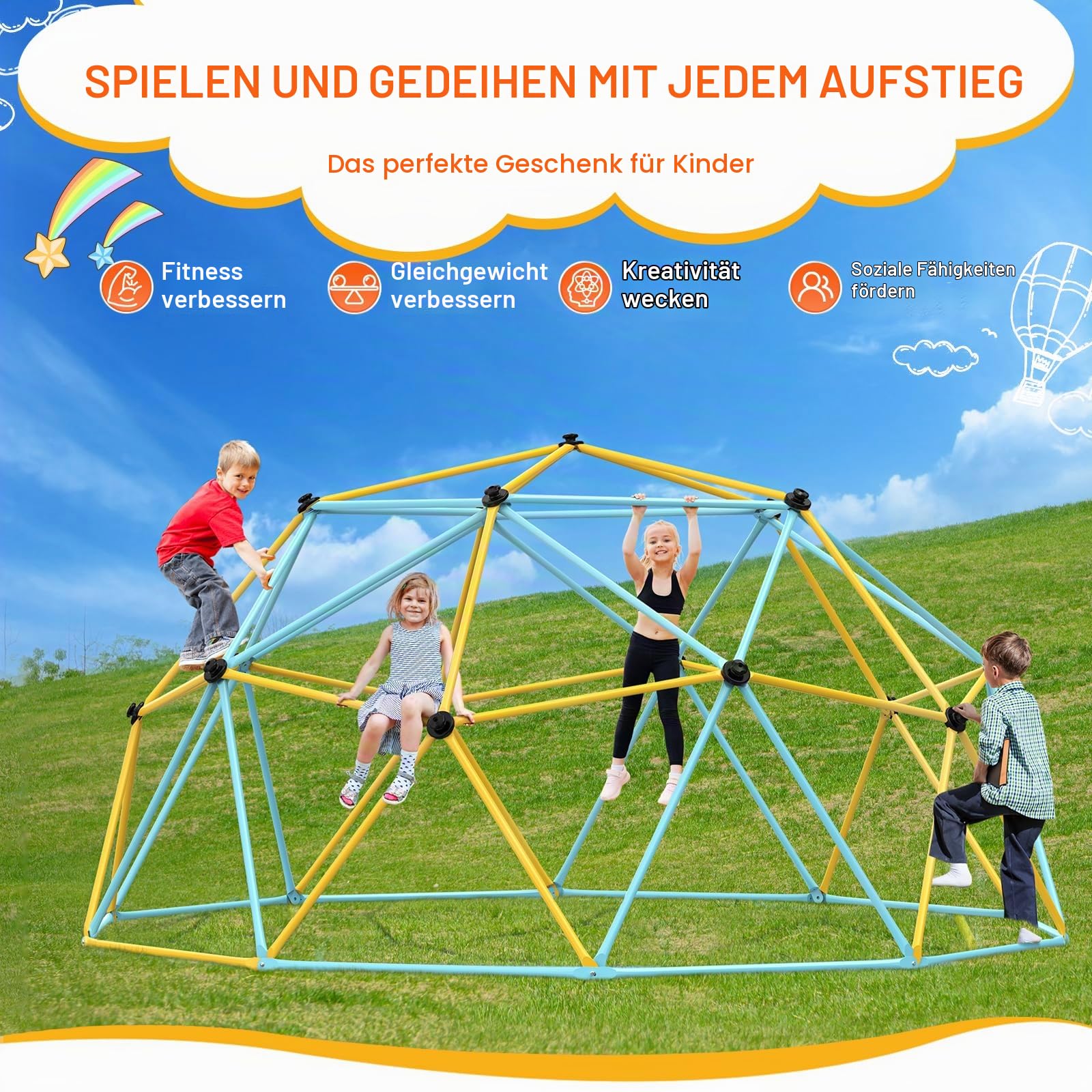 VEVOR Kletterkuppel, 3,66 m geometrisches Kuppel-Kletterspielzentrum für Kinder von 3 bis 10 Jahren, Klettergerüst 340 kg Tragfähigkeit, mit Klettergriff, Outdoor-Spielgerät Garten Hinterhof