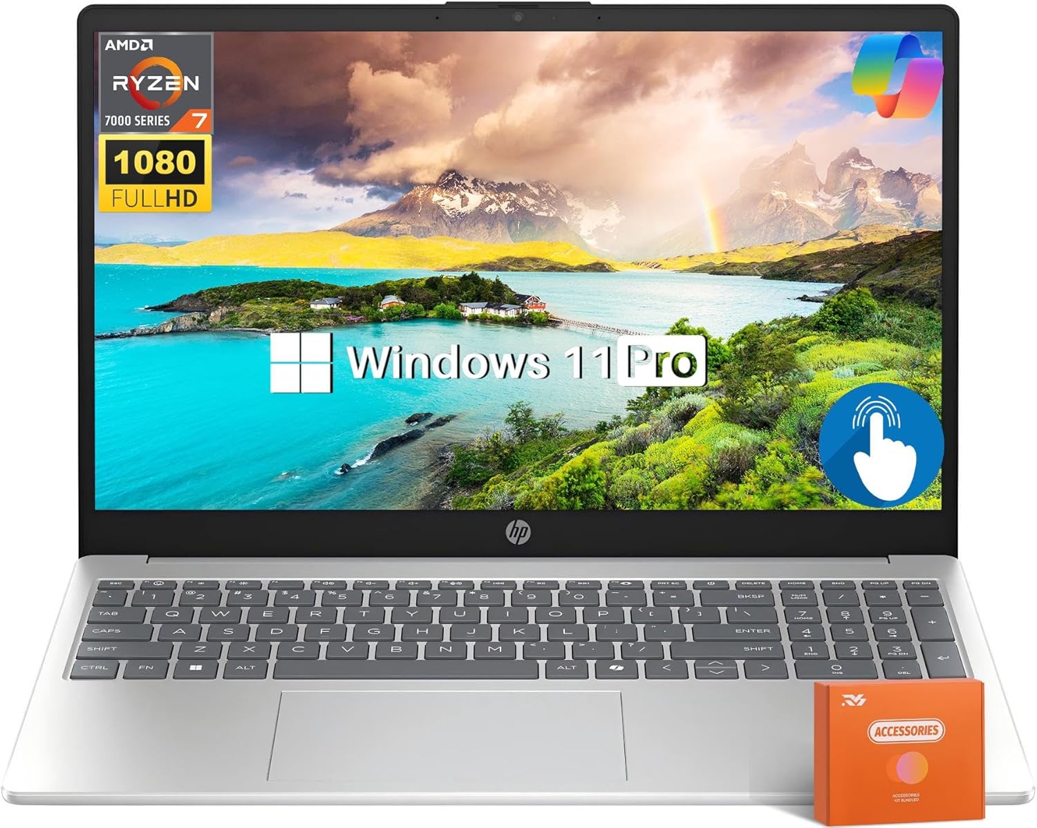 HP 15.6" FHD Touchscreen Laptop Computer for Business, AMD Ryzen 7 7730U (Up to 4.5GHz), 64 GB RAM, 1 TB SSD, AMD Radeon Graphics, WiFi 6, Long Battery, HD Webcam, Copilot Key, Windows 11 Pro, Silver
