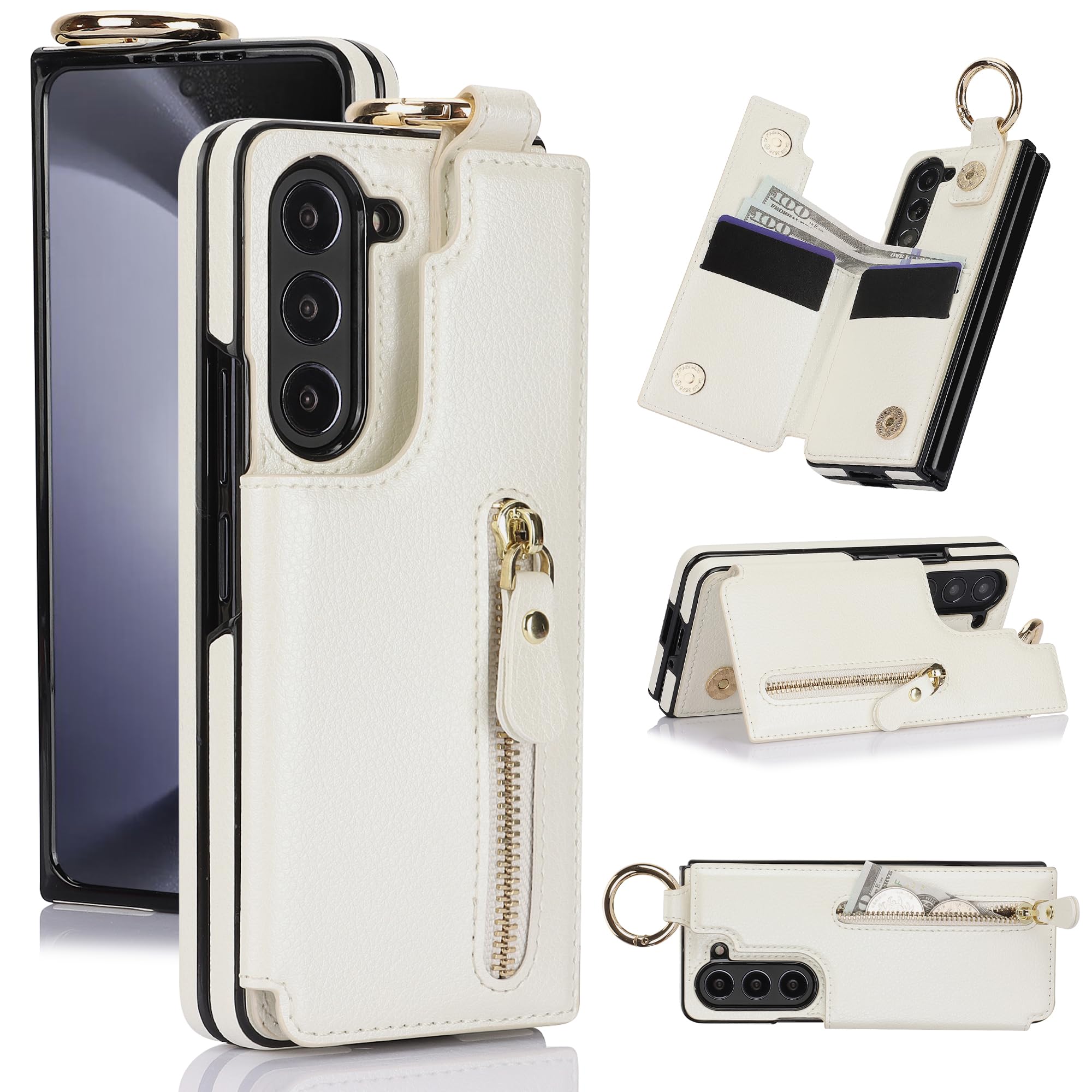 Etui portfelowe na telefon komórkowy Samsung Galaxy Z Fold 8 Ultra z zamkiem błyskawicznym i uchwytem na karty kredytowe, przegródką na gotówkę, przednią osłoną ekranu ze szkła hartowanego i