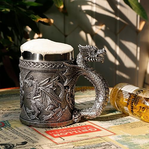 Miniatura 2 de alikiki Taza medieval de dragón GOT Taza de café de dragones regalos para hombres Taza de acero inoxidable de 15.8 onzas para beber jarras de