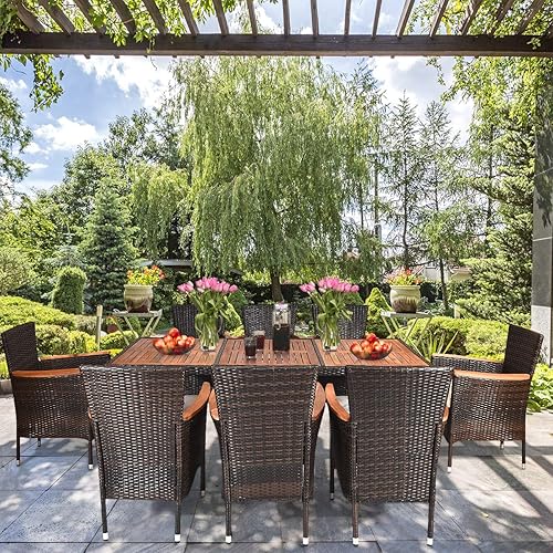 Miniatura 2 de Tangkula Juego de comedor al aire libre de 9 piezas, juego de mimbre para jardín con cojines, muebles con mesa de madera de acacia y sillas