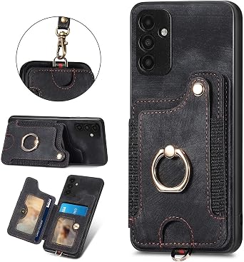 for Samsung Galaxy A04s/A13 5G Wallet Case with Card Holder, Ring Kickstand, Wrist Strap, RFID Blocking Leather for Girls Women, Durable Purse Shockproof Protective Cover, Black