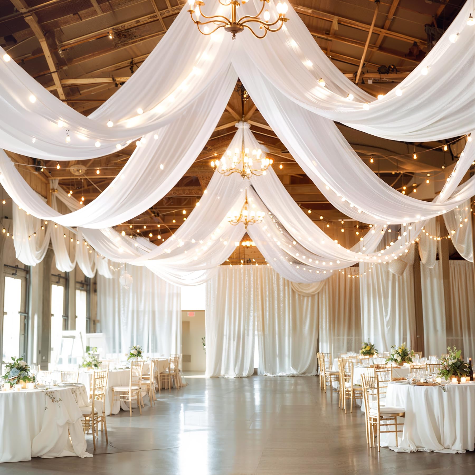 6 Paneele weiße Deckenvorhänge mit Lichtern für Hochzeiten, Deckenvorhänge, 1,5 x 3 m, Hochzeitsfoto-Hintergründe, durchsichtige Vorhänge, Tüll, Zeltvorhänge, Hochzeitsdekorationen für Party