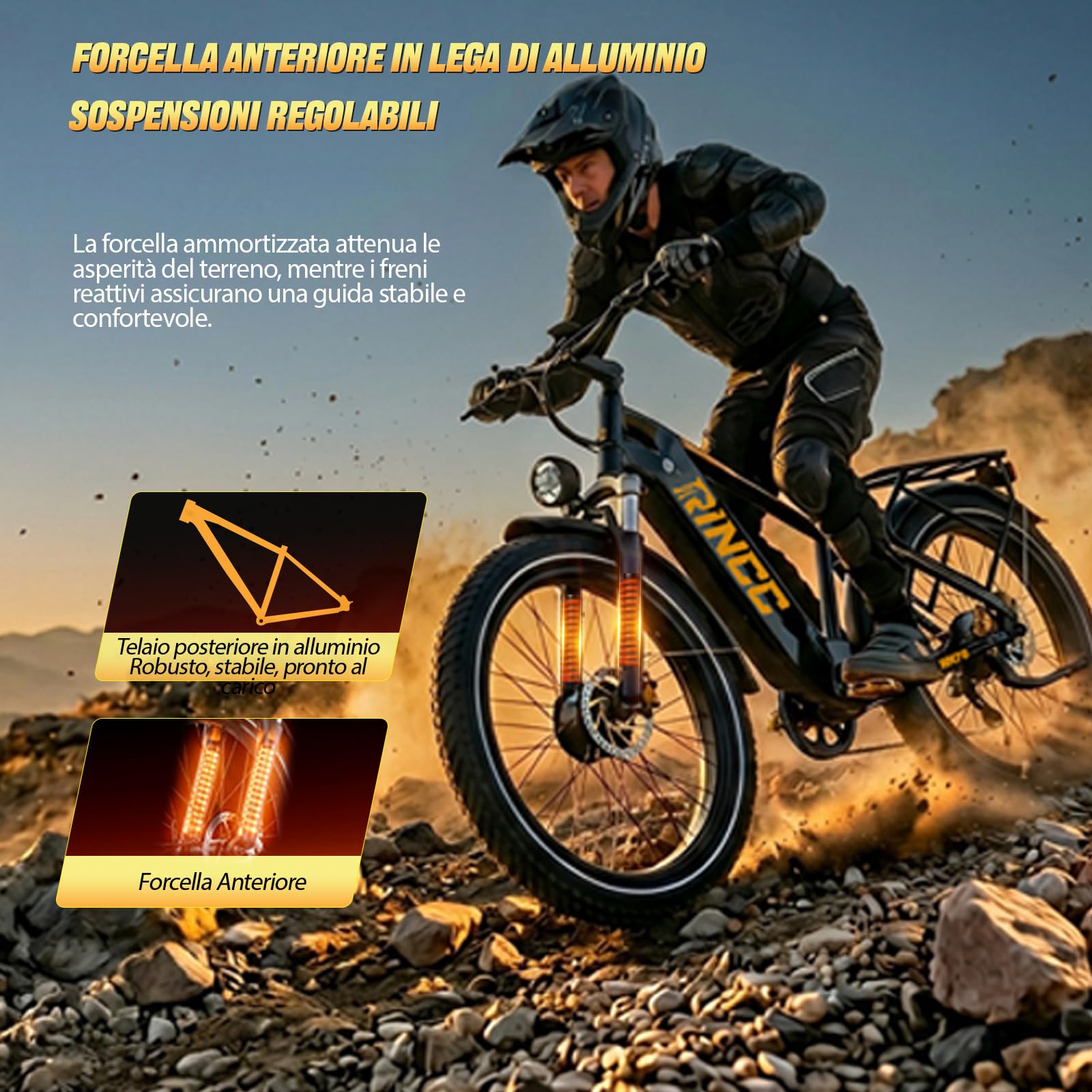 RINCC RN70 Bici Elettrica a Doppio Motore per Uomo Adulto, Mountain Bike Elettrica Fuoristrada, Pneumatici Fat 26 x 4.0, Telaio in Alluminio, Batteria 48V 20Ah, Autonomia fino a 120 km