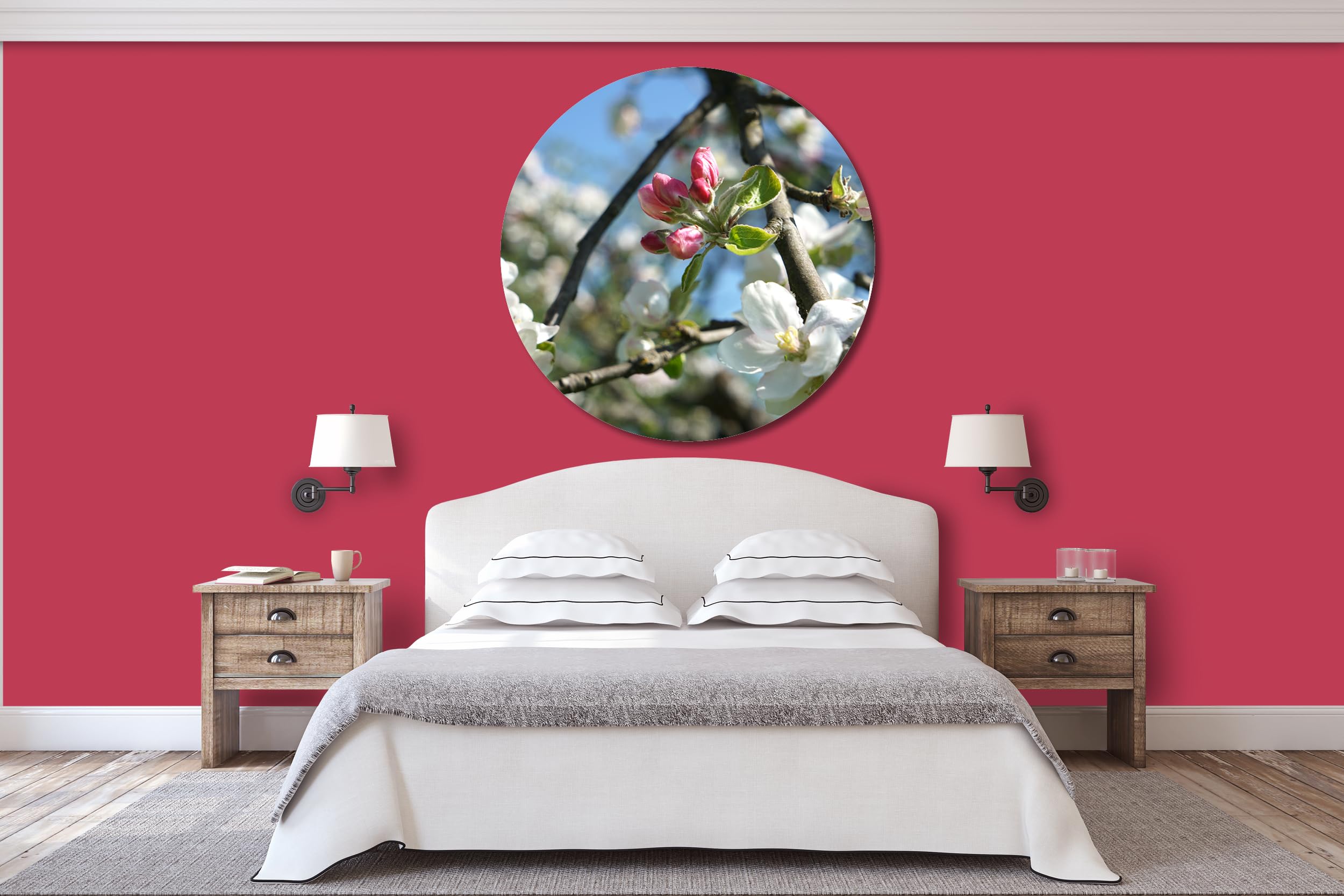 Glücksvilla - Fioritura dei meli 4 (vetro + acrilico 4 mm, Ø 120 cm) | varie misure - quadro murale rotondo - giardino fiori fioritura pianta natura botanica albero ramo ciliegia