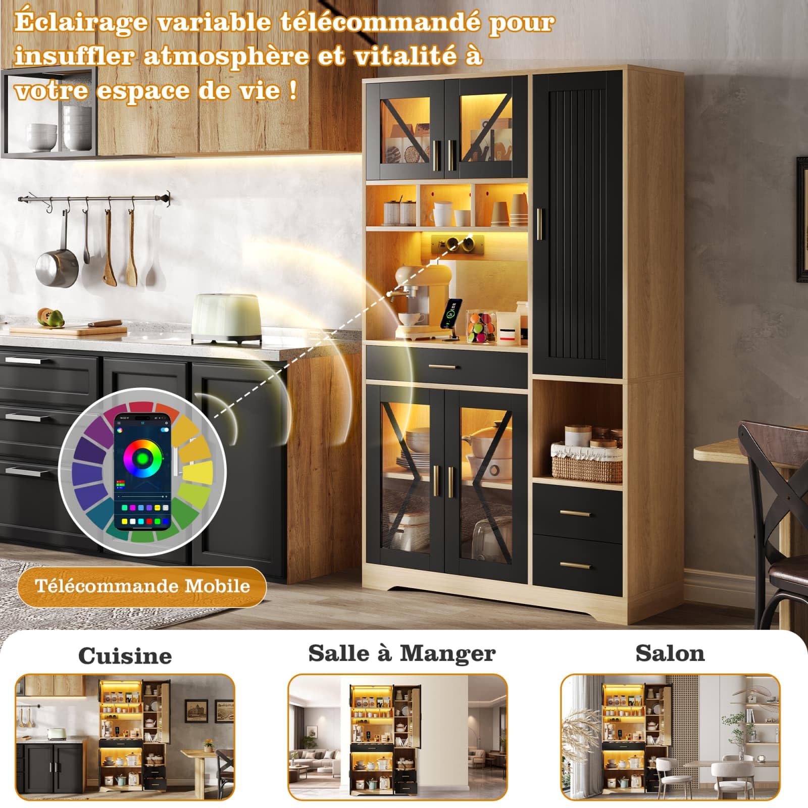 KOMHTOM Buffet de Cuisine Haut 105 cm Style Ferme, Vaisselier avec Prises, LED et Rangement pour Épices, 3 Tiroirs et Portes en Verre, Noir/Bois(2-Style Ferme & Épices (105cm) - Noir/Bois)