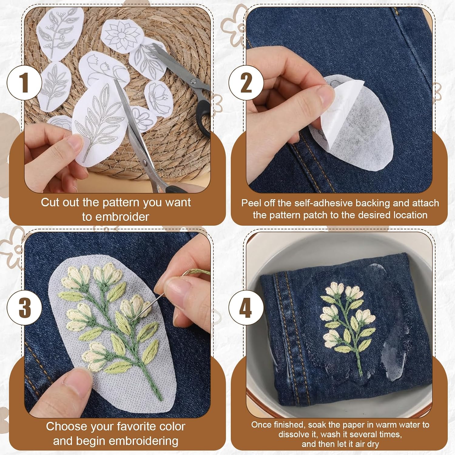 50 PCS Embroidery Patterns Water Soluble Stabilizer for Embroidery, Tear Away Machine & Hand Sewing Patterns, Wash Away Floral Designs for Crafting Hand Sewing Beginners