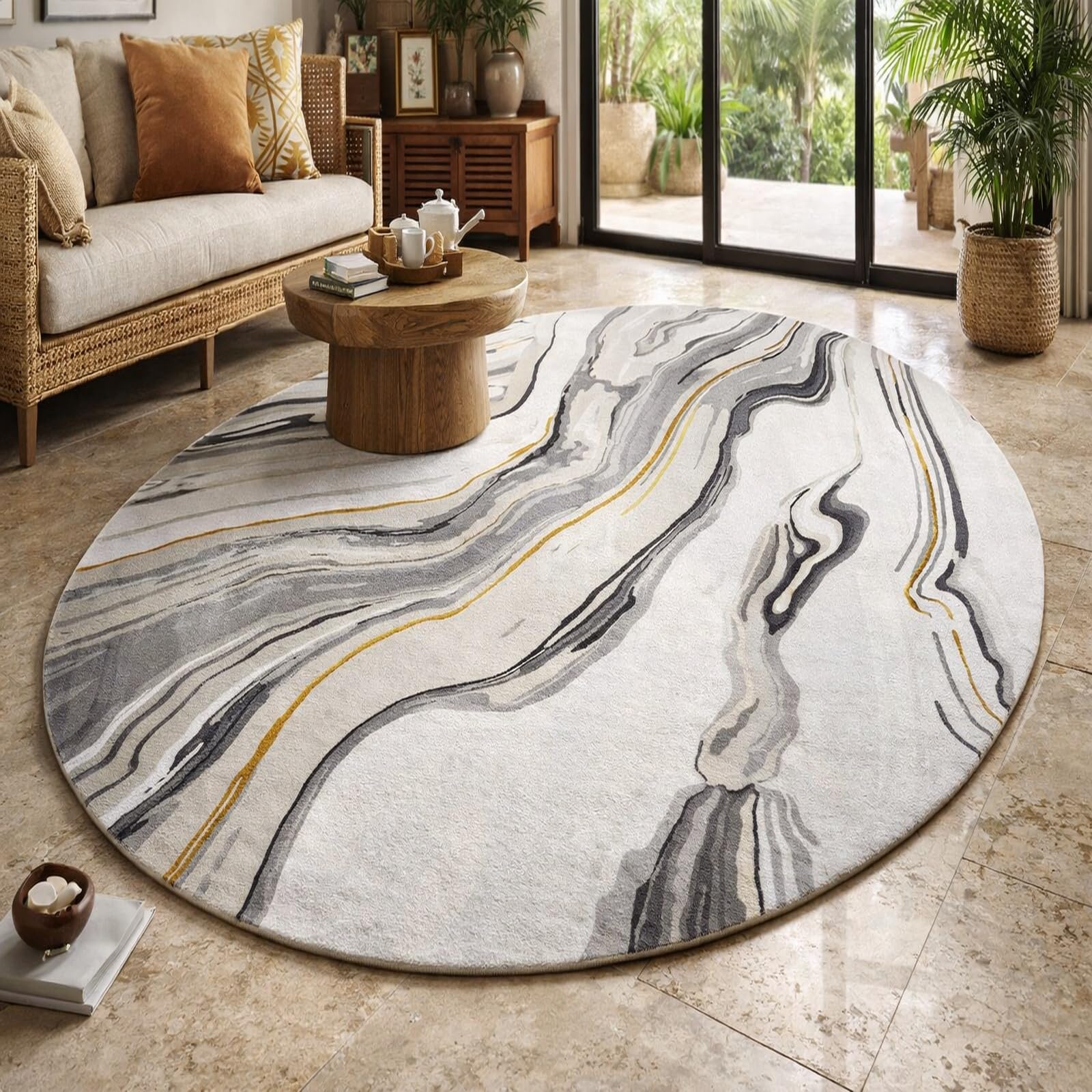Tapis ovale salon abstrait moderne gris jaune 100x180 cm pour salle à manger