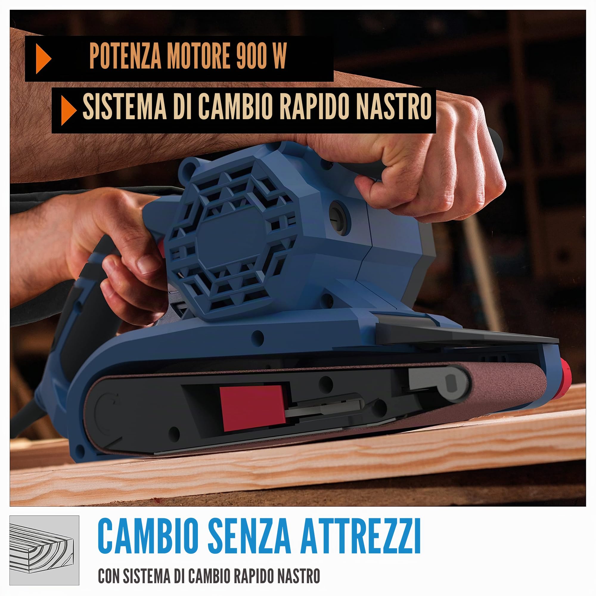 Güde 58146 BS 76-900 E - Smerigliatrice a nastro (230 V, 76 x 160 mm, sistema di sostituzione rapida, ruote orientabili regolabili, 2 pali abrasivi K80)