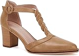 Womens Block Chunky Heels T Strap Dress Shoes Closed Toe Stacked Heeled Pumps Sandals 8.5 Khaki