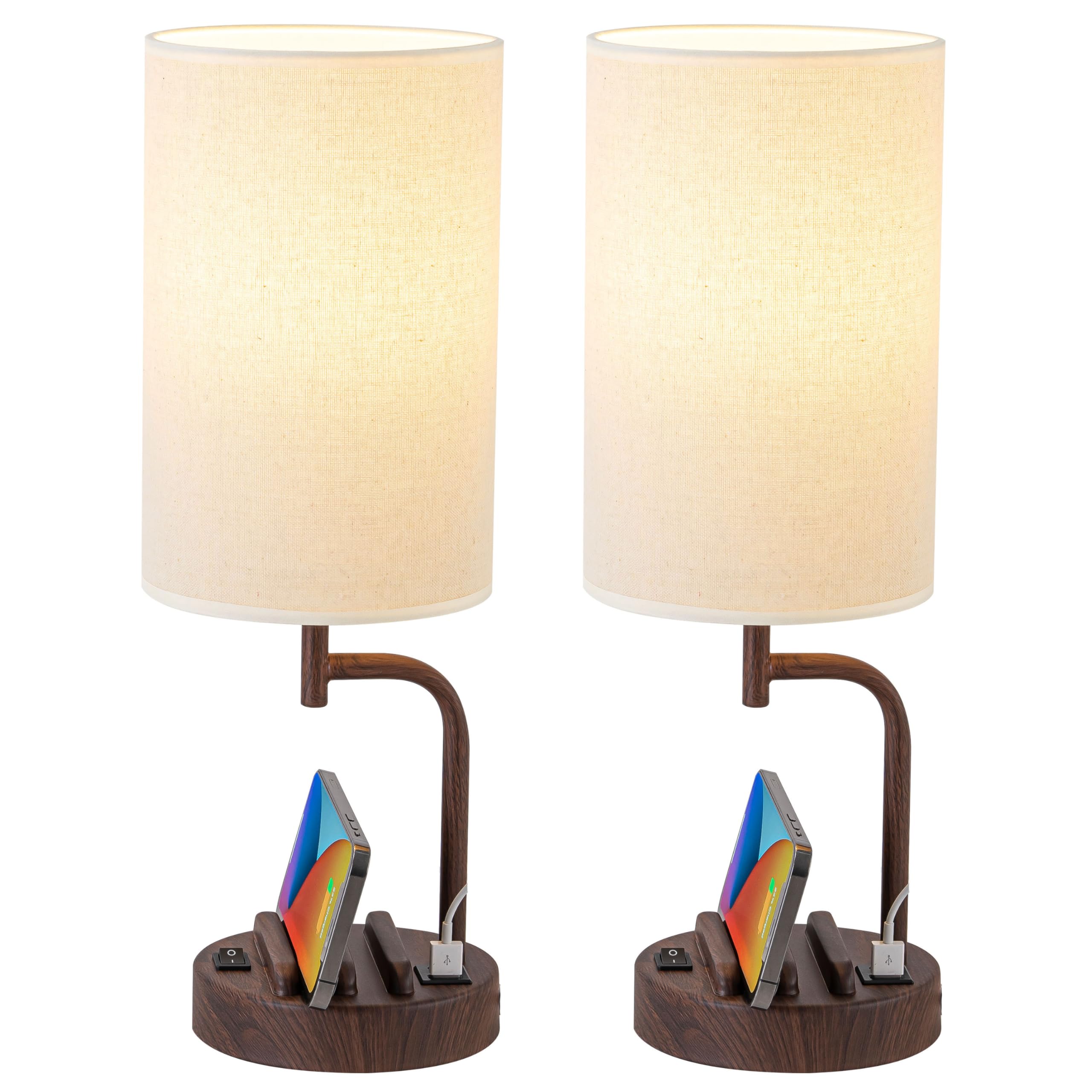 Dreamholder Table Lamp, Bedside Lamp with USB C&A Charging Ports, LED Desk Lamp with 3-Color Modes with Phone Stands, for Bedroom, Living Room, Office, Walnut Grain(Set of 2, Bulb Included)