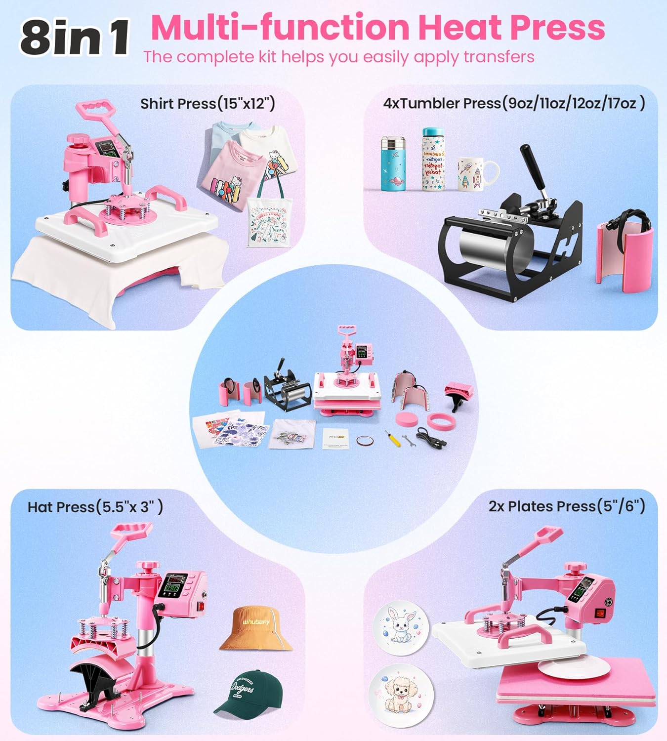 Whubefy 8 in 1 Heat Press Machine 15"x12" with Tumbler Press Hat Press, Industrial Sublimation Heat Press Machine for T Shirts Bags Hat Cap Mug Plate, 360° Swing Away T Shirt Press Machine Transfer