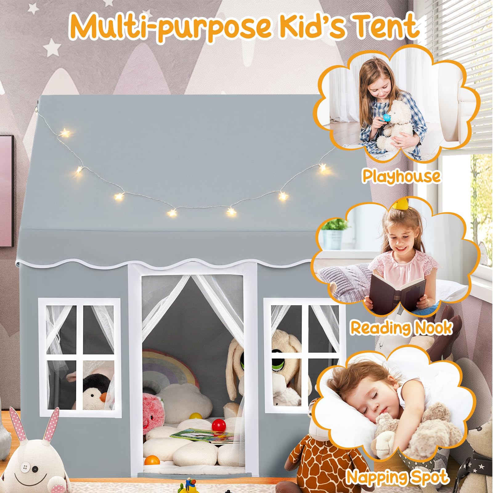 HOMASIS Kinderzelt Baumwolle, Kinder Spielhaus mit Sternenlichtern, Tragetasche & Vorhang, Spielzelt Prinzessin für Jungen & Mädchen, Indoor Kinderspielzelt Kinderspielhaus (Grey, ohne Matte)