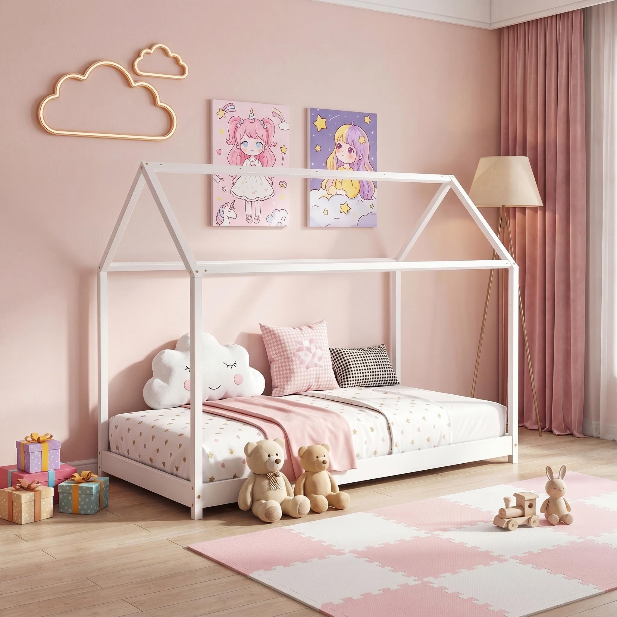 Panana Wooden Kids House Bed Frame, Solid Pine WoodTreehouse Style Childrens Floor Bed Frame for Toddlers and Children (White)