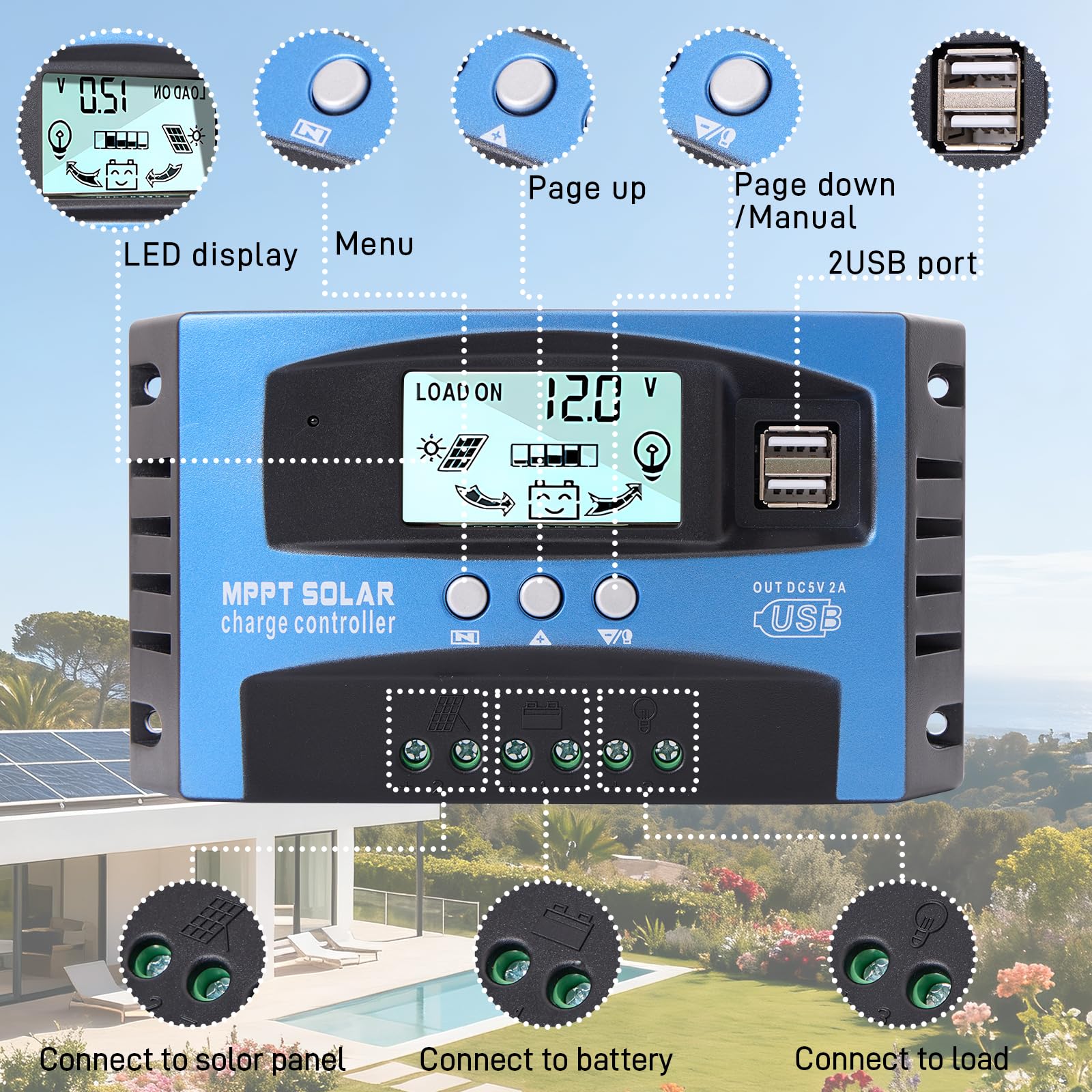 Yoving Régulateur de Charge Solaire MPPT 100A 12V/24V Automatique - avec Affichage LCD, pour Système Solaire Domestique/Camping-car/Éclairage (Protection Surcharge, Court-circuit)