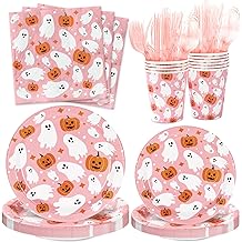 JarThenaAMCS Halloween Tableware Set Ghost Pumpkin Disposable Party Supplies Pink 9 &amp; 7 Inch Paper Plates 6.5 Inch Napkins Cups and Cutlery for 25 Guests