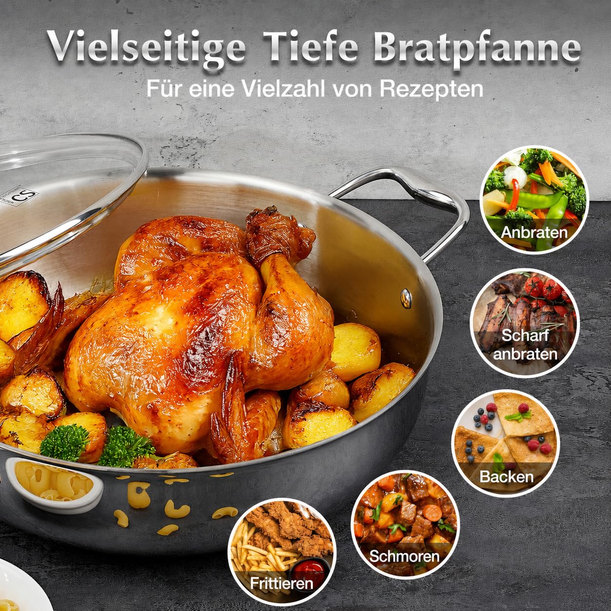 KOCH SYSTEME CS Edelstahl-Sauteuse mit Deckel 30 cm, tiefe Bratpfanne mit 3-Lagige Edelstahlpfanne, 18/10 Edelstahl-Kochfläche, zwei Griffe, induktionsgeeignet, backofen- und spülmaschinengeeignet