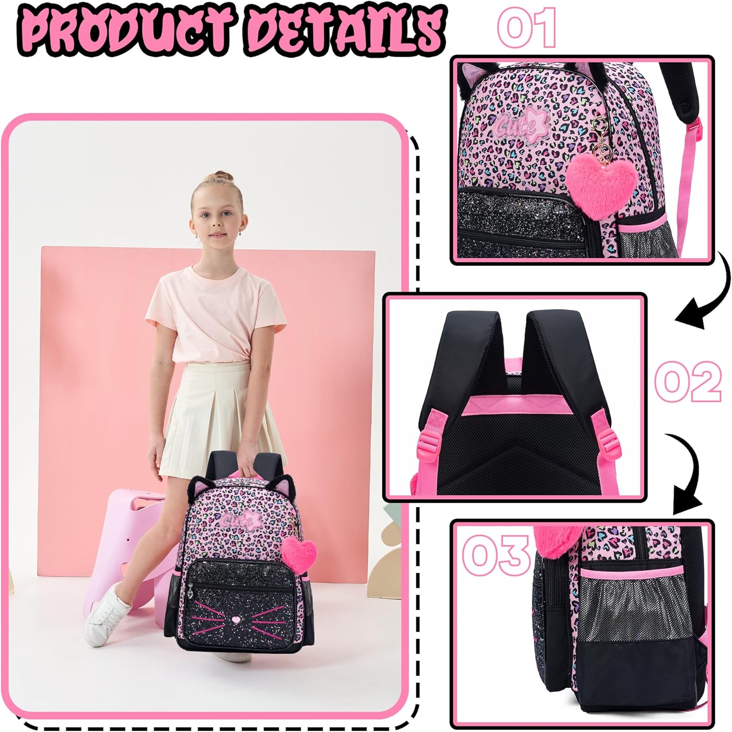 Meetbelify Black Cute Cat School Backpack for Girls Backpack with Lunch Box for Elementary Students Kids Travel Bookbag for Girls Ages 6-8 - Image 4