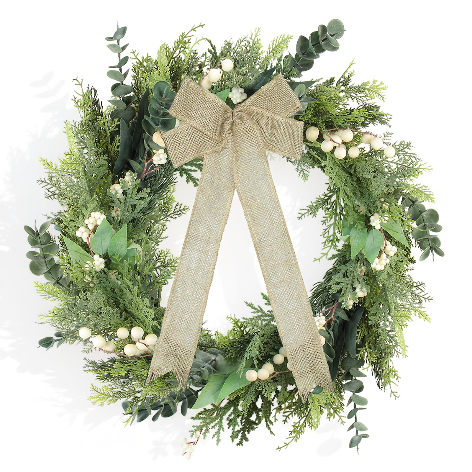 60cm Christmas Wreath for Front Door, Real Touch Christmas Garland Wreath, Artificial Eucalyptus Wreath with White Berries & Jute Bow Window Door Wreath for Christmas Party Wedding Holiday Décor