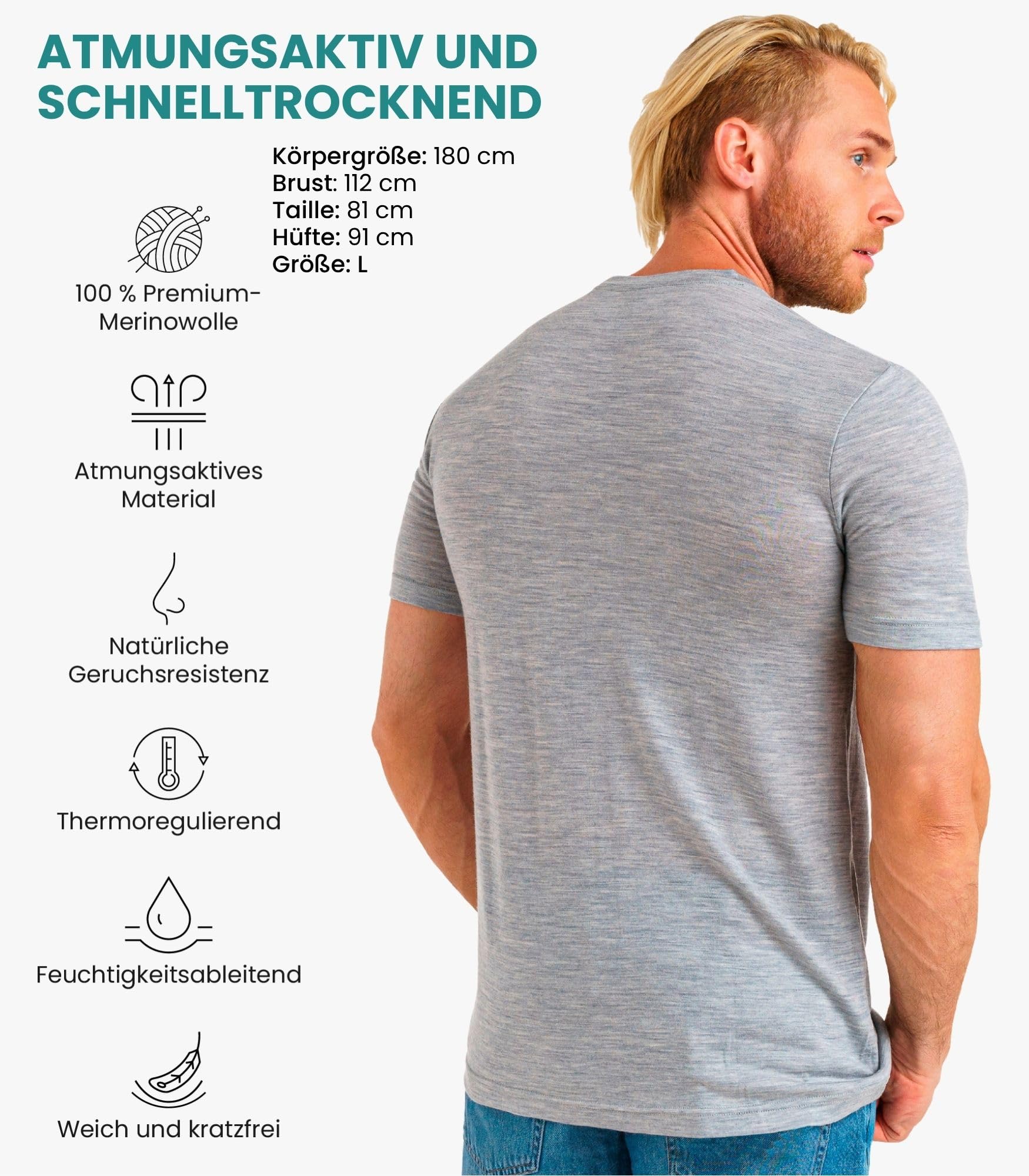 Merino Shirt Herren Kurzarm + Wanderwollsocken (Large, Melange Grey)