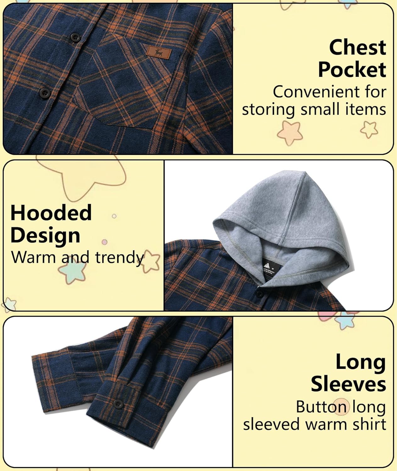 Boys Long Sleeve Button-up Shirt with Hood Unisex Kids Cotton Plaid Hoodie Flannel Fall Shirts for 6-15 Years - Image 5