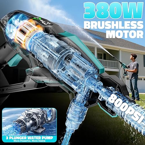 Miniatura 2 de Lavadora a presión inalámbrica, lavadora eléctrica sin escobillas de 800 PSI con batería de 18 V 4.0 Ah, manguera elástica de 17 pies, boquilla 6 en