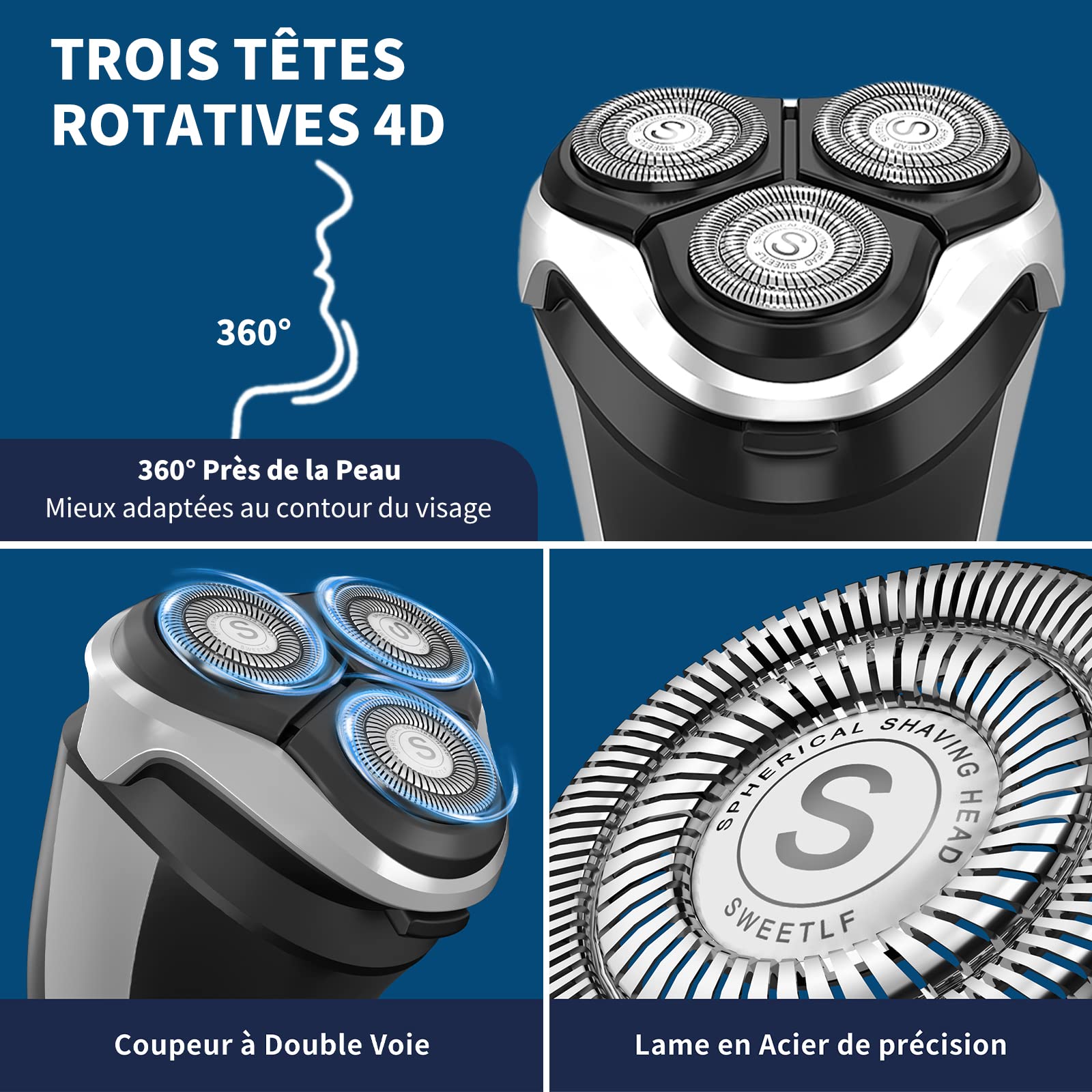 SweetLF [2025 New] Rasoir Electrique Hommes Wet & Dry (Plus 1 Chargeur Rapide) avec 4D Têtes Rotatives, Rasoir Rechargeable avec Ecran LED, Rasage IPX7 Etanche + Tondeuse Barbe - Noir
