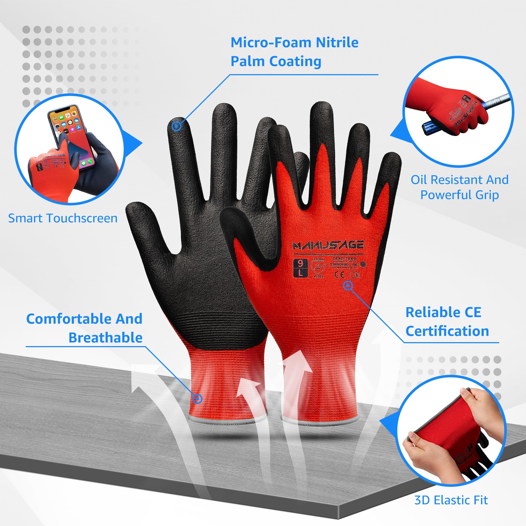 Manusage Guantes de trabajo con revestimiento de nitrilo de microespuma, 3 pares, guantes de nailon de punto sin costuras para hombres y mujeres, pantalla táctil, ligeros, cómodos, color rojo, talla M