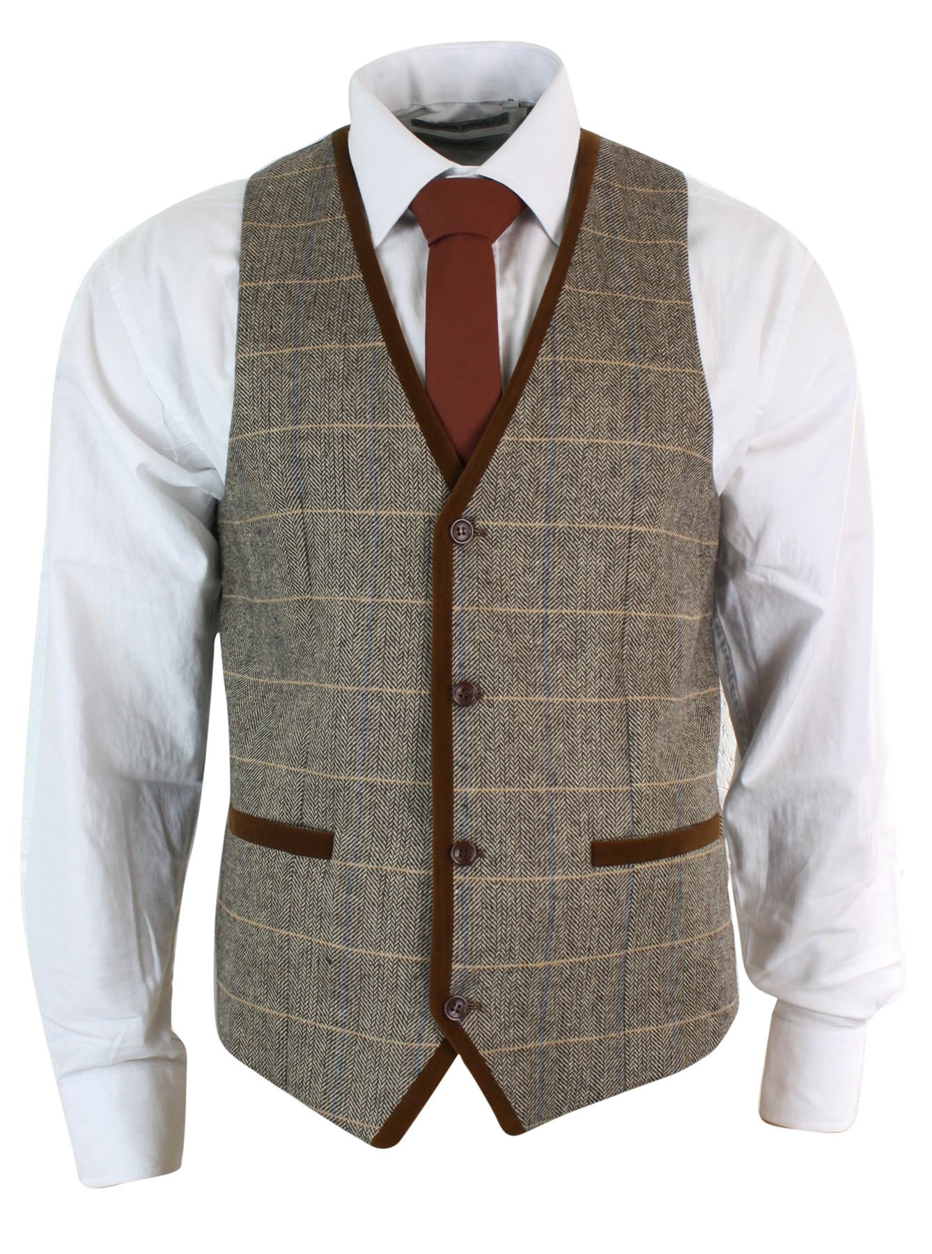 Gilet Elegante da Uomo in Tweed Blu, Blu Scuro o Nocciola e Finiture in Velluto