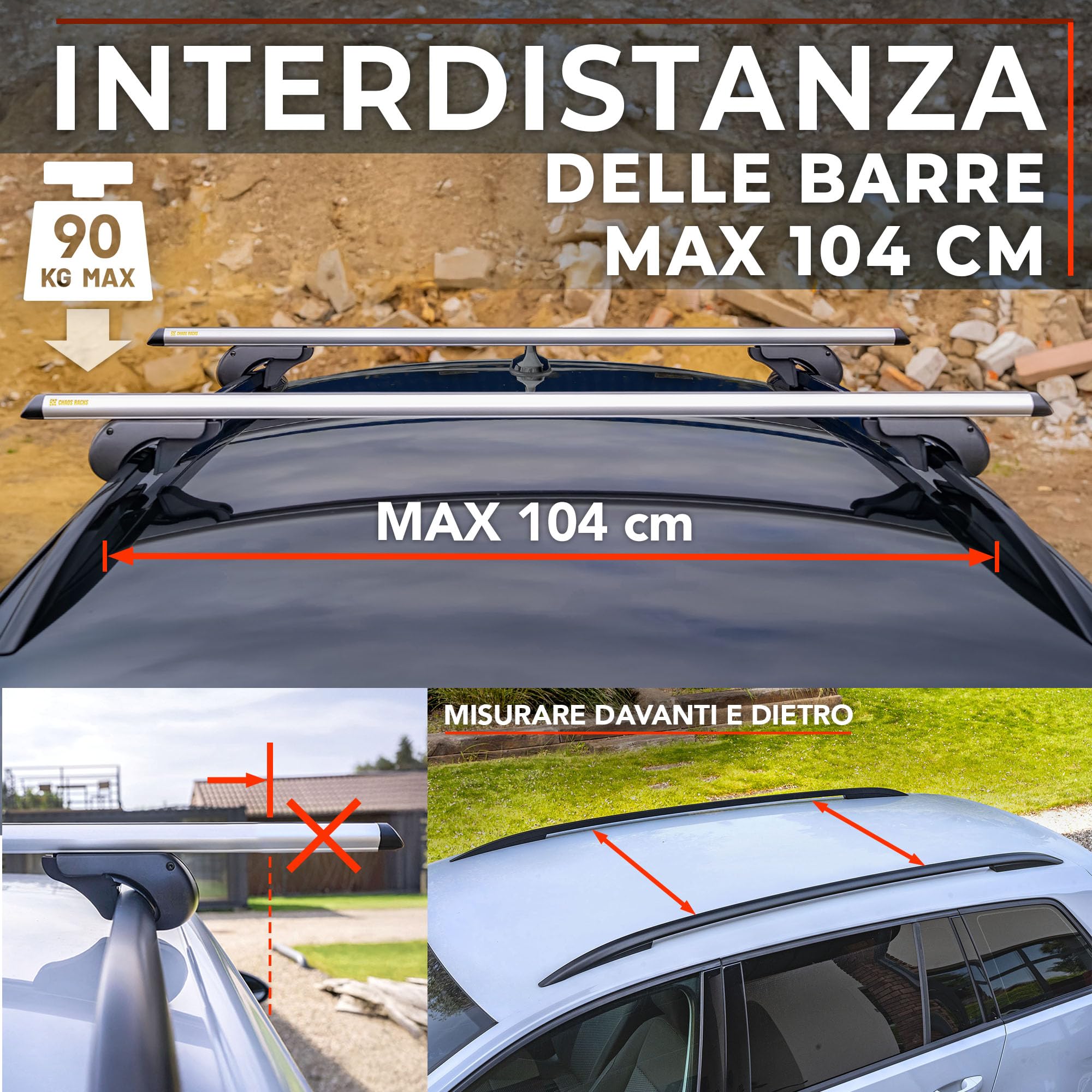 CHAOS RACKS | Universale Portapacchi da Tetto per Barre Longitudinali Aperte; Barre Portatutto | Trasporta in Sicurezza Box da Tetto, Portabici | Struttura Leggera e Resistente in Alluminio | 120 cm