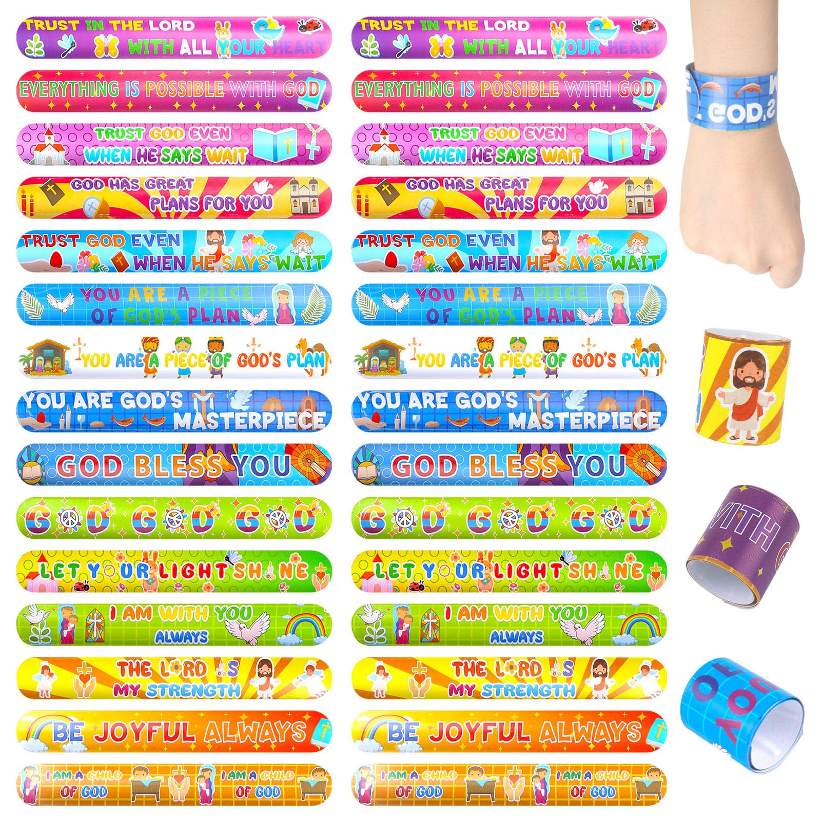 LovesTown 48 Pcs Christian Snap Bracelets, Bible Verses Religious Flip Wristbands, Kids Folding Bracelets, Sunday School Gifts, Classroom Prices, Medium, Polyvinyl Chloride (PVC), No