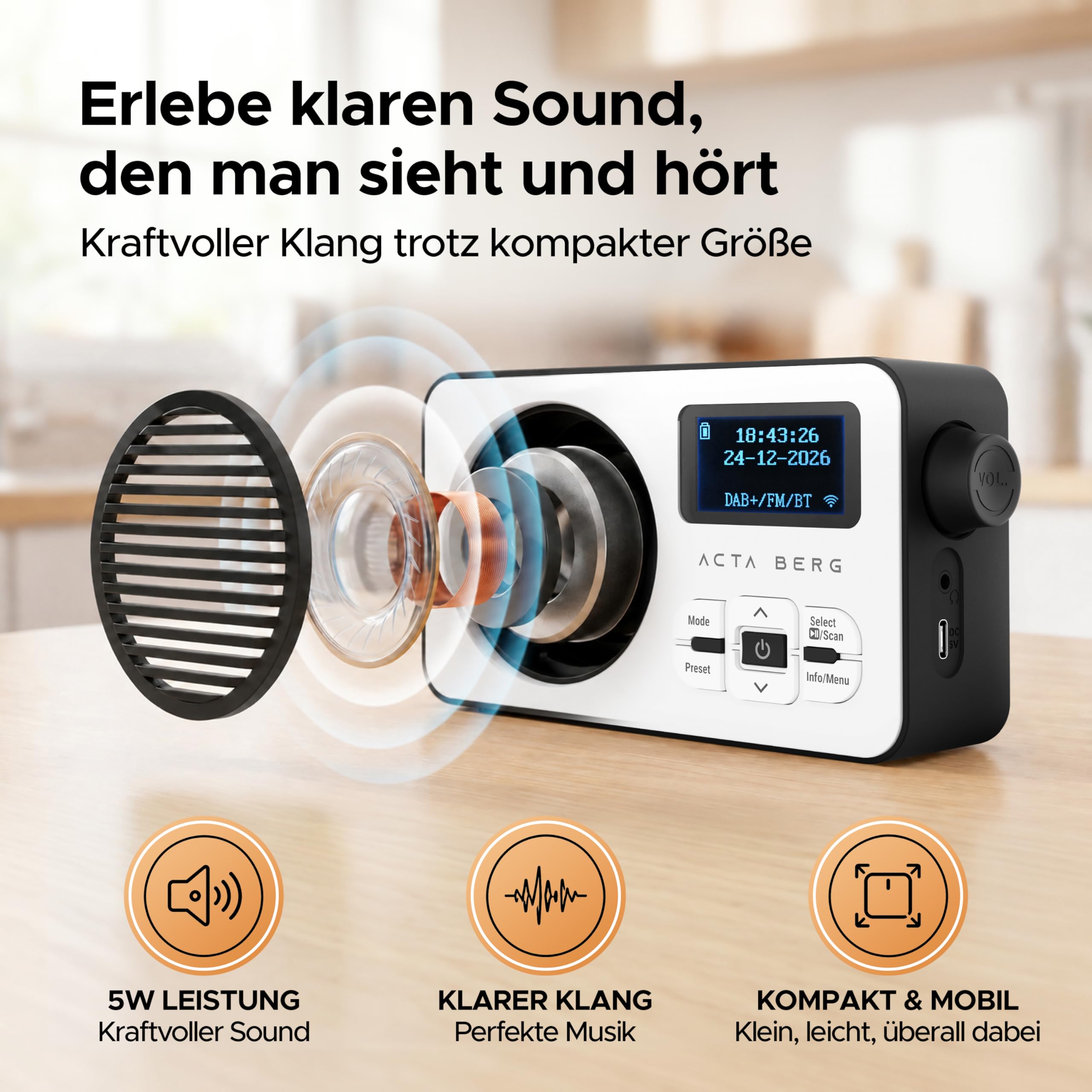 Acta Berg DAB Radio mit Akku 5000 mAh austauschbar & BT 5.3 (Weiß/Schwarz) | DAB+/UKW-Radio, Akku austauschbar + Netzstecker, 80 Senderspeicher, USB-C, tragbares Digitalradio, mit Wecker & Timer