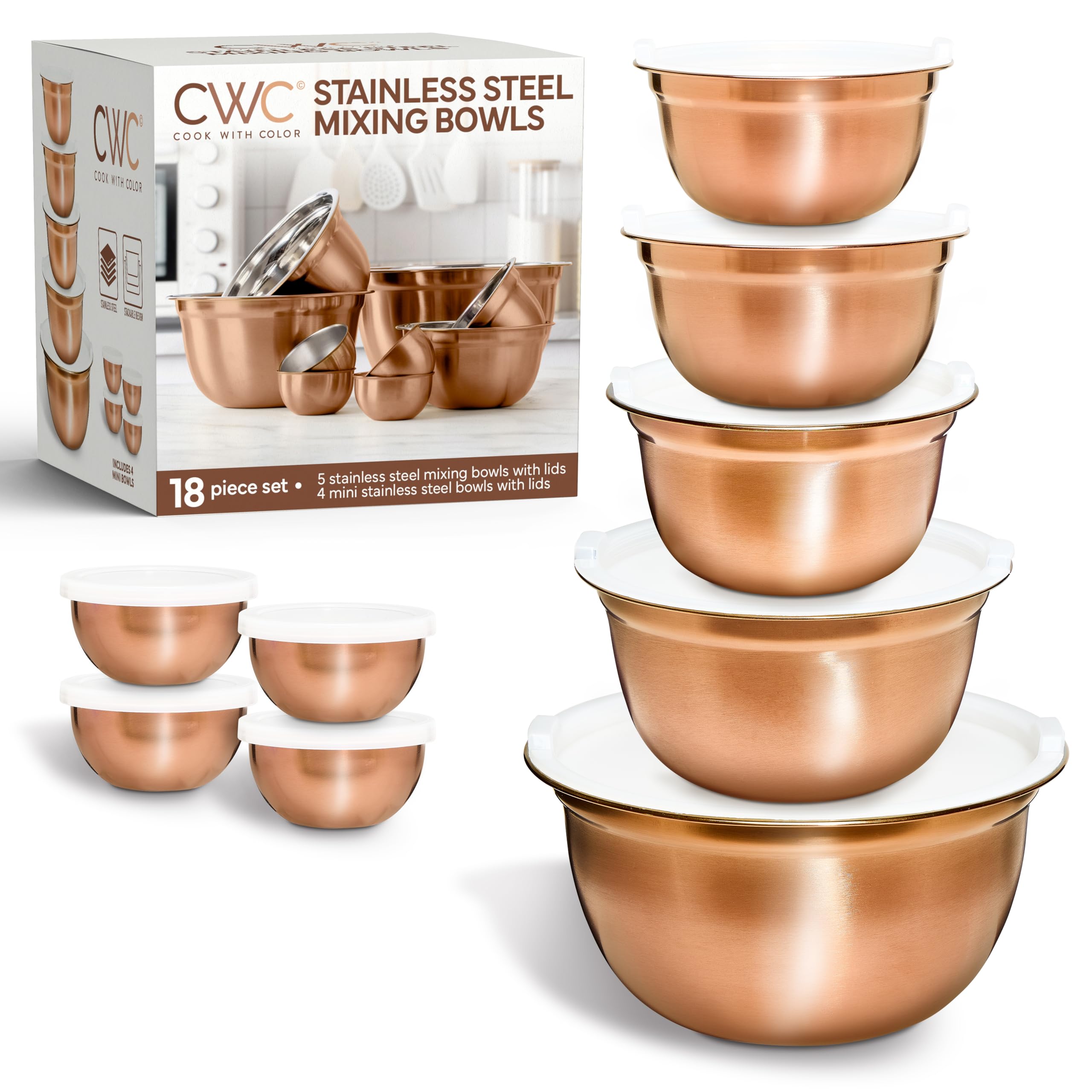 COOK WITH COLOR 18-teiliges Rührschüssel-Set mit luftdichten Deckeln, Edelstahl-Schüssel-Organizer, Lebensmittel-Aufbewahrungsbehälter, Mahlzeitvorbereitung, ineinander stapelbare Salatschüsseln zum