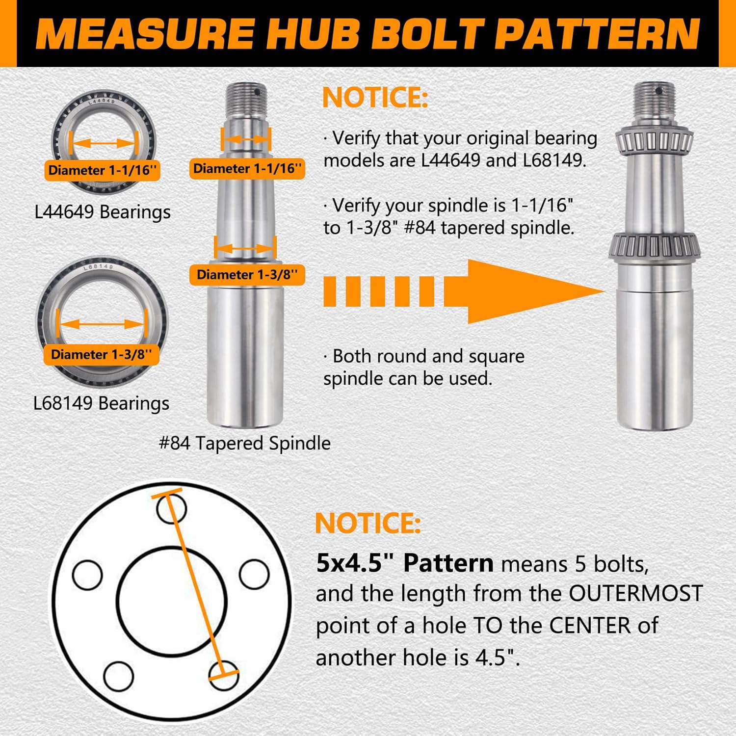 2 Sets Trailer Hub Kits 5 on 4.5'' for 3500 lbs 1-1/16'' to 1-3/8'' #84 Tapered Axle, Prelubricated L44649 L68149 Bearings 5x4.5 Trailer Replacement Idler Hub 5 Lug Bolt Trailer Wheel Hub Kit