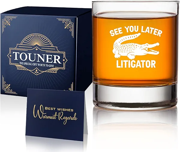 TOUNER See You Later Litigator Funny Crocodile Old Fashioned Whiskey Glasses, Birthday Gifts for Lawyer or Attorney Friend, Funny Lawyer Gifts for Law School Graduates, Lawyer Graduation Gifts