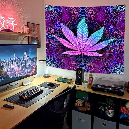 Miniatura 3 de Tapiz de hojas mágicas, fresco Trippy neón morado teñido anudado, tapiz para colgar en la pared para dormitorio de hombres, tapiz hippie bohemio