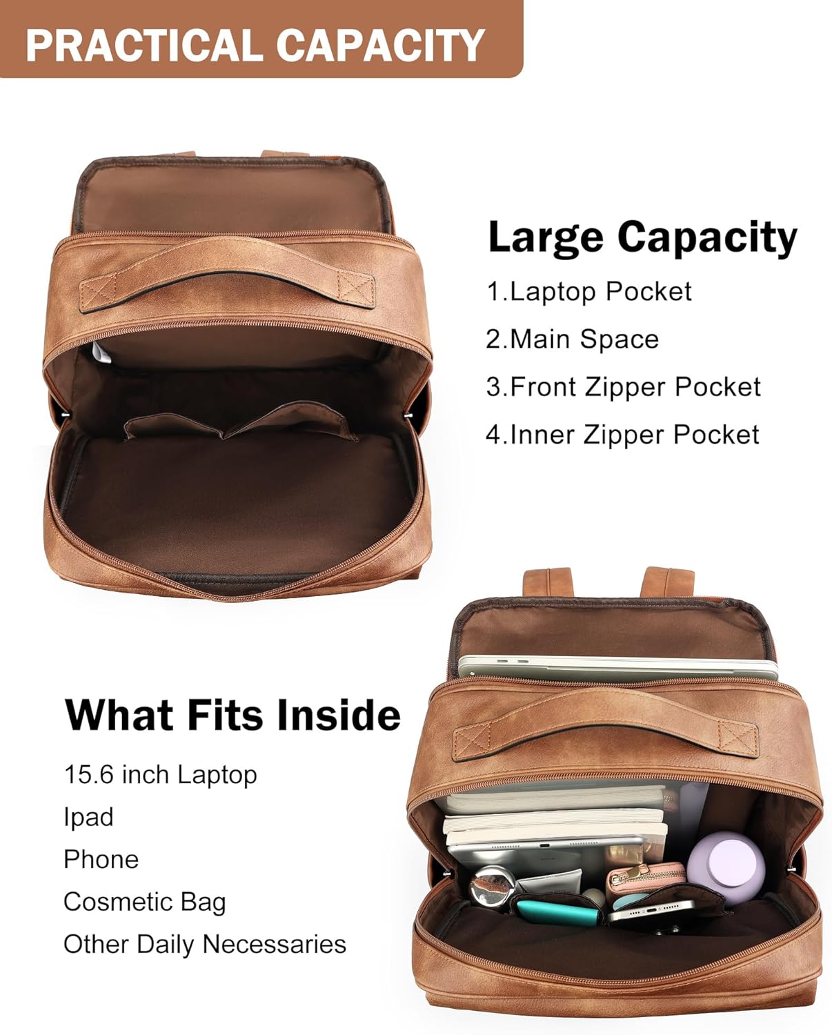 MASINTOR 15.6 inch PU Leather Laptop Backpack Purse for Women, Large College Casual Backpack Travel Bag Mocha Brown - Image 3