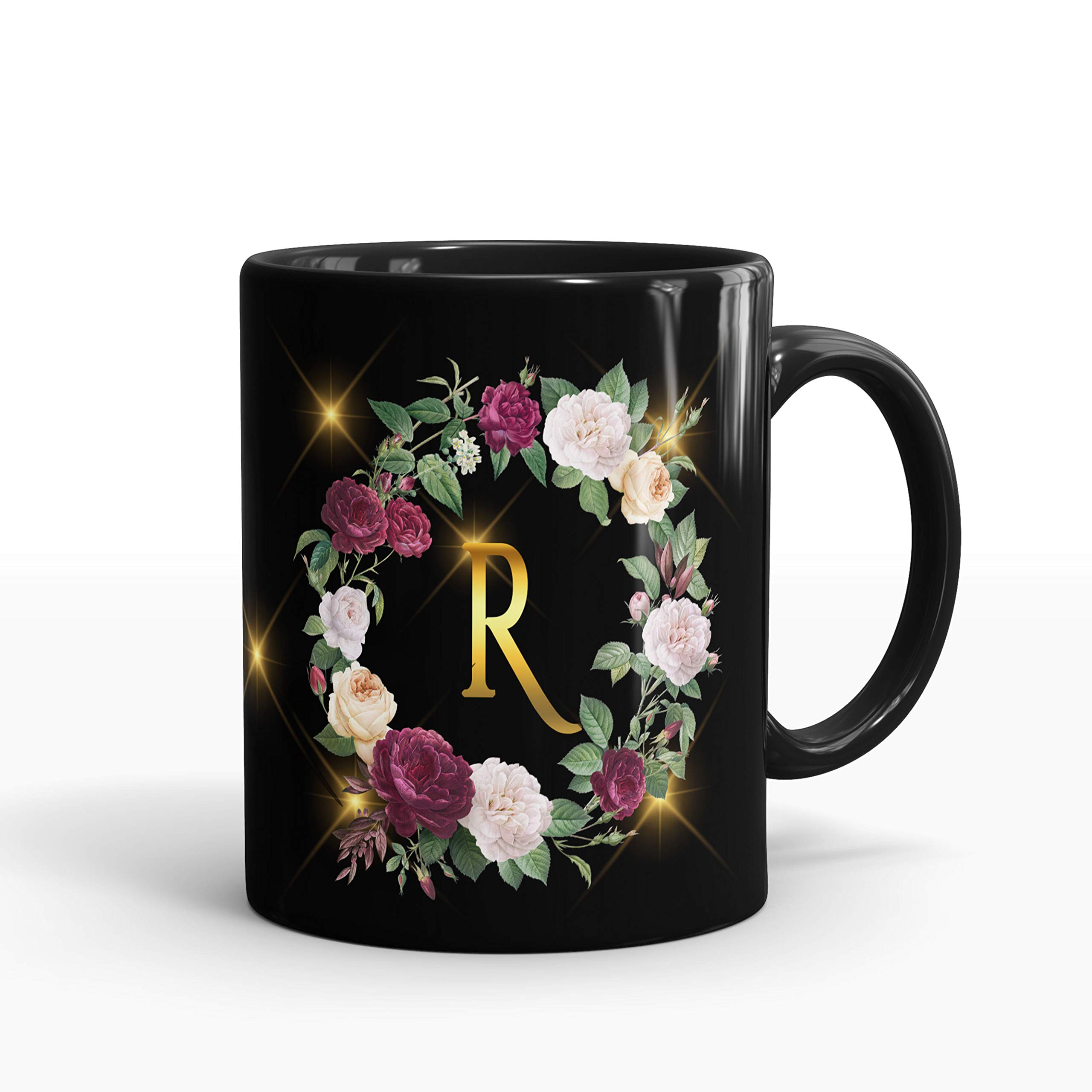 Gift Arcadia Ceramic Alphabet R Letter Flower Coffee Mug - 1 Piece, Black, 330ml (A179)