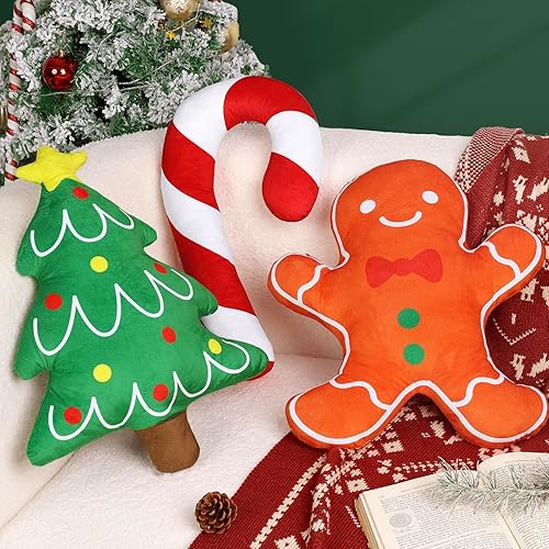 Percozzi Almohada decorativa de árbol de Navidad, almohada de bastón y pan de jengibre, almohada para sofá, dormitorio, sala de estar, decoración
