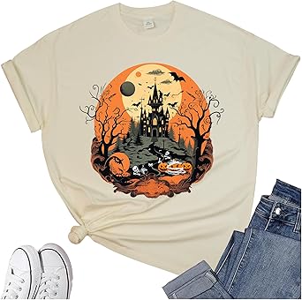 Women's Halloween Shirt: Crewneck Art Patterns Short Sleeve Halloween Party T-Shirt